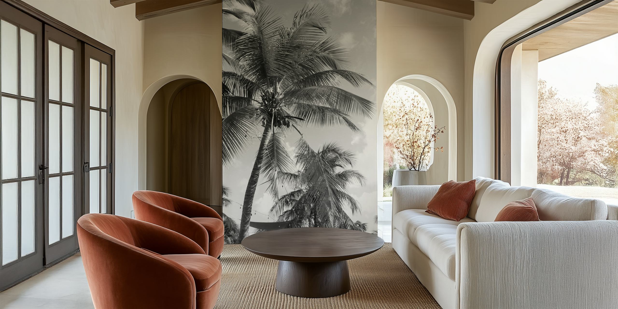 Black and white palm trees wallpaper showcasing tropical foliage.