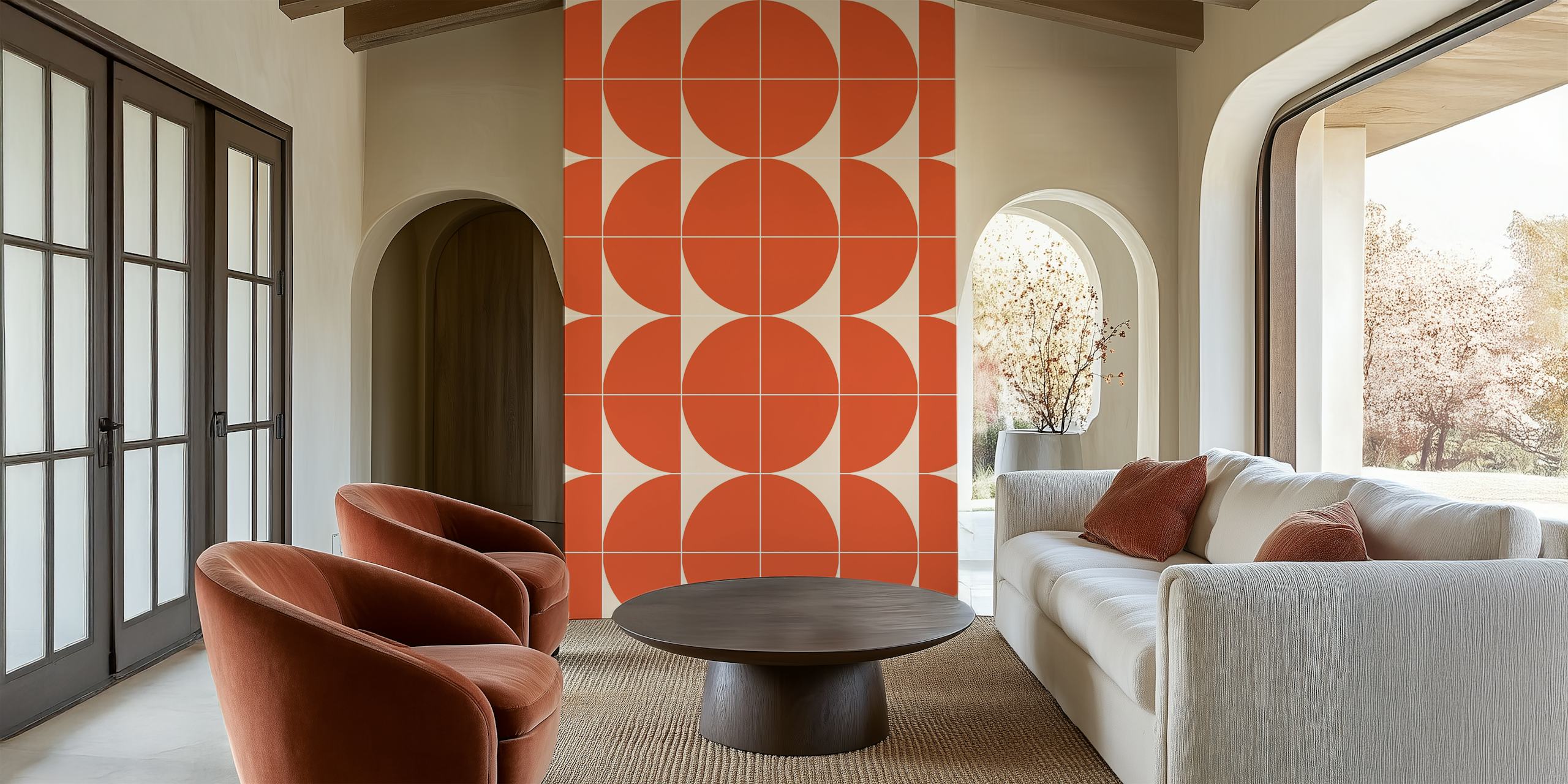 Geometric orange circle pattern on light background wallpaper