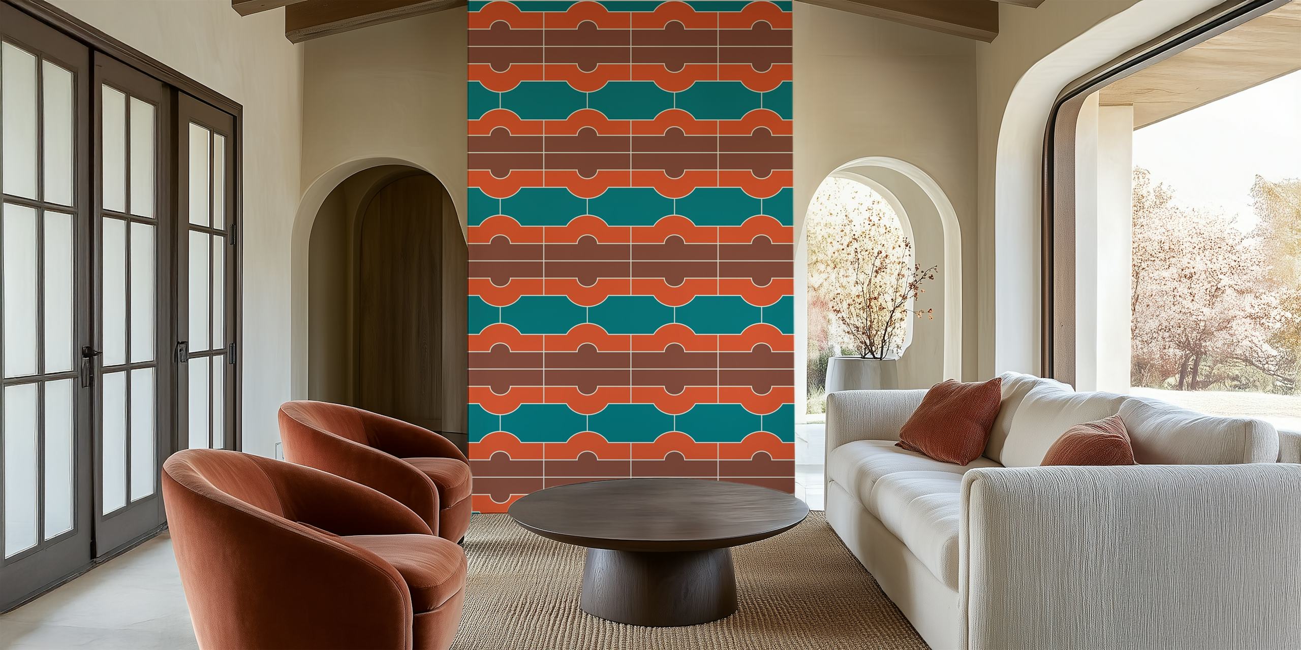 Mural de parede com padrão geométrico colorido inspirado em Alhambra em tons de terracota, verde-azulado e laranja queimado