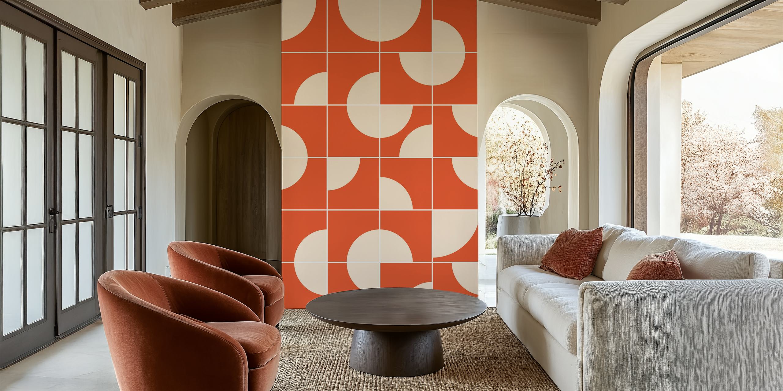 Papel de parede Retro Circles in Ivory Orange em um quarto