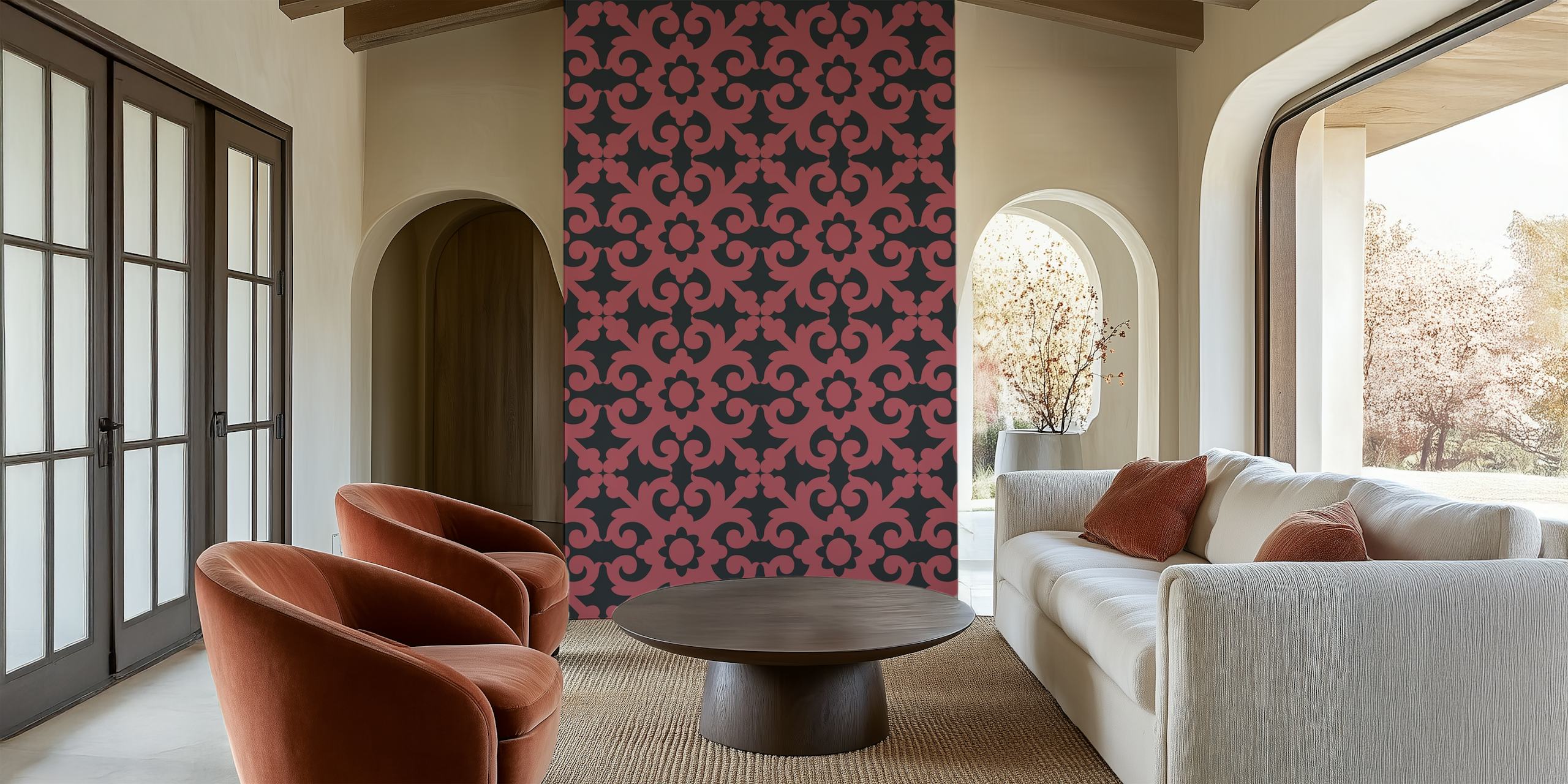 Papel pintado Oriental Ornament Marsala en una habitación