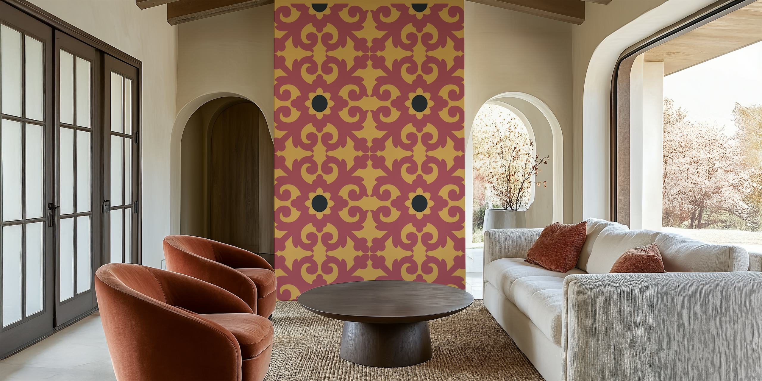 Turkish Kilim pattern in red and gold tones wallpaper