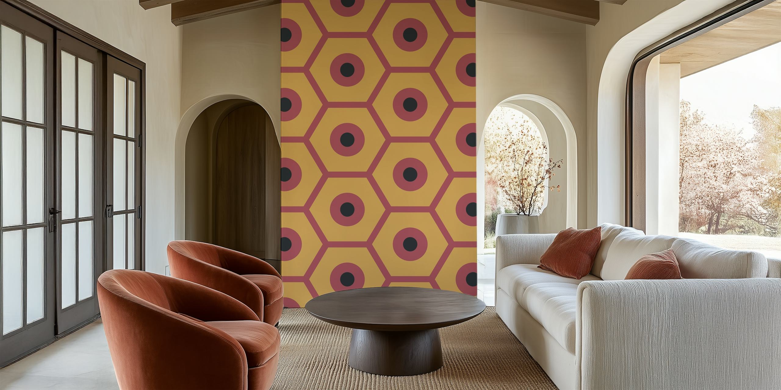 Geometric hexagonal pattern in mustard and marsala colors wallpaper