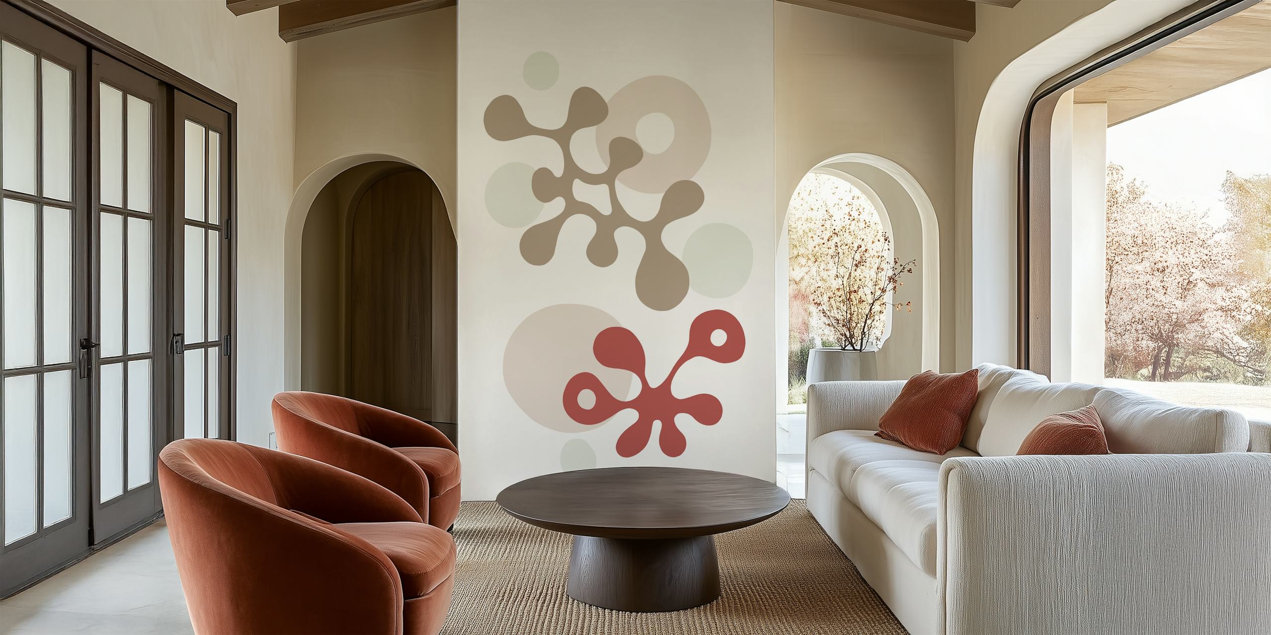 Organic shapes in coral and beige modern abstract wallpaper