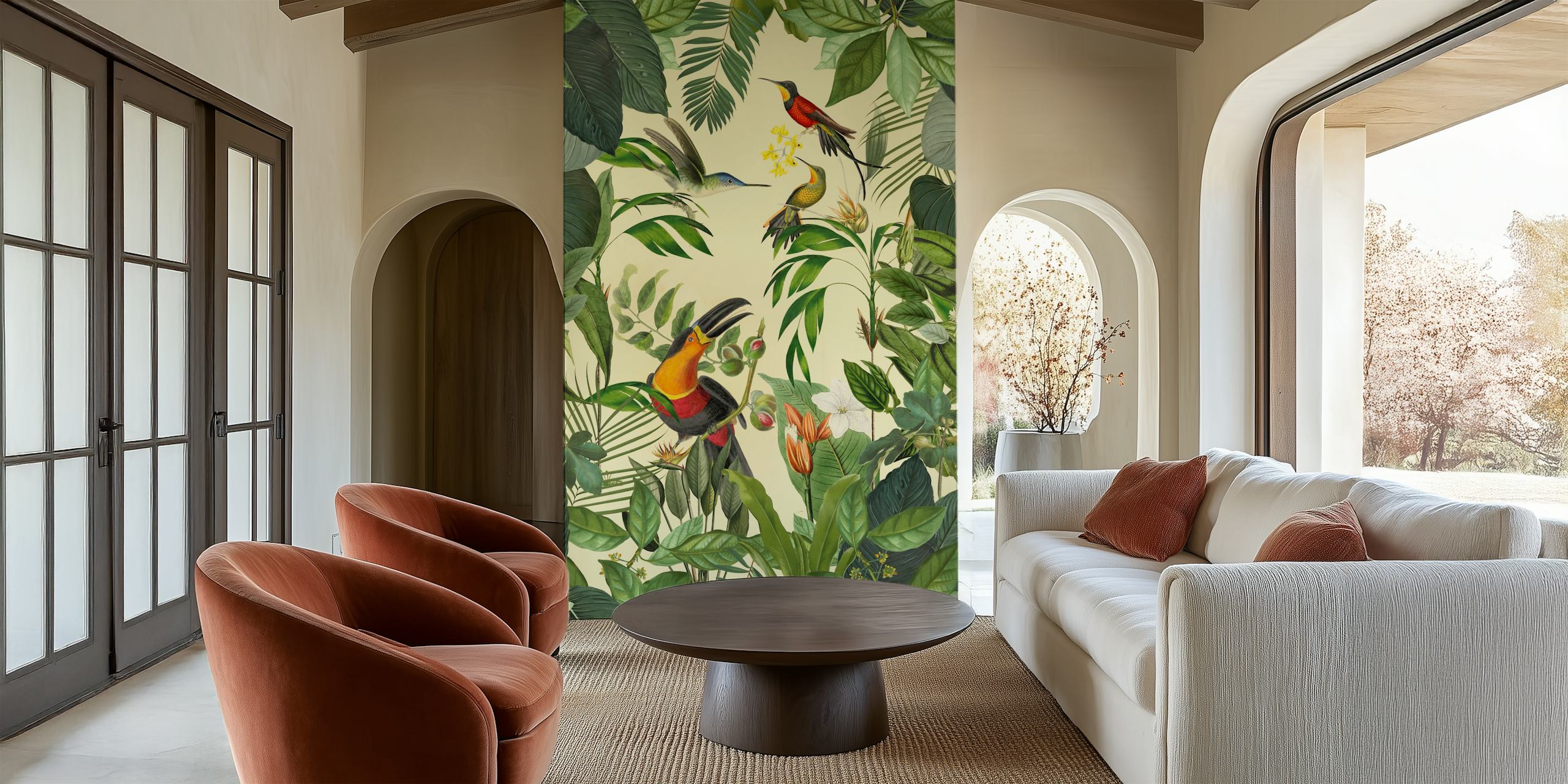 Tropische Tukan- und Kolibris-Wandbild mit lebendiger Tierwelt und üppigem Grün