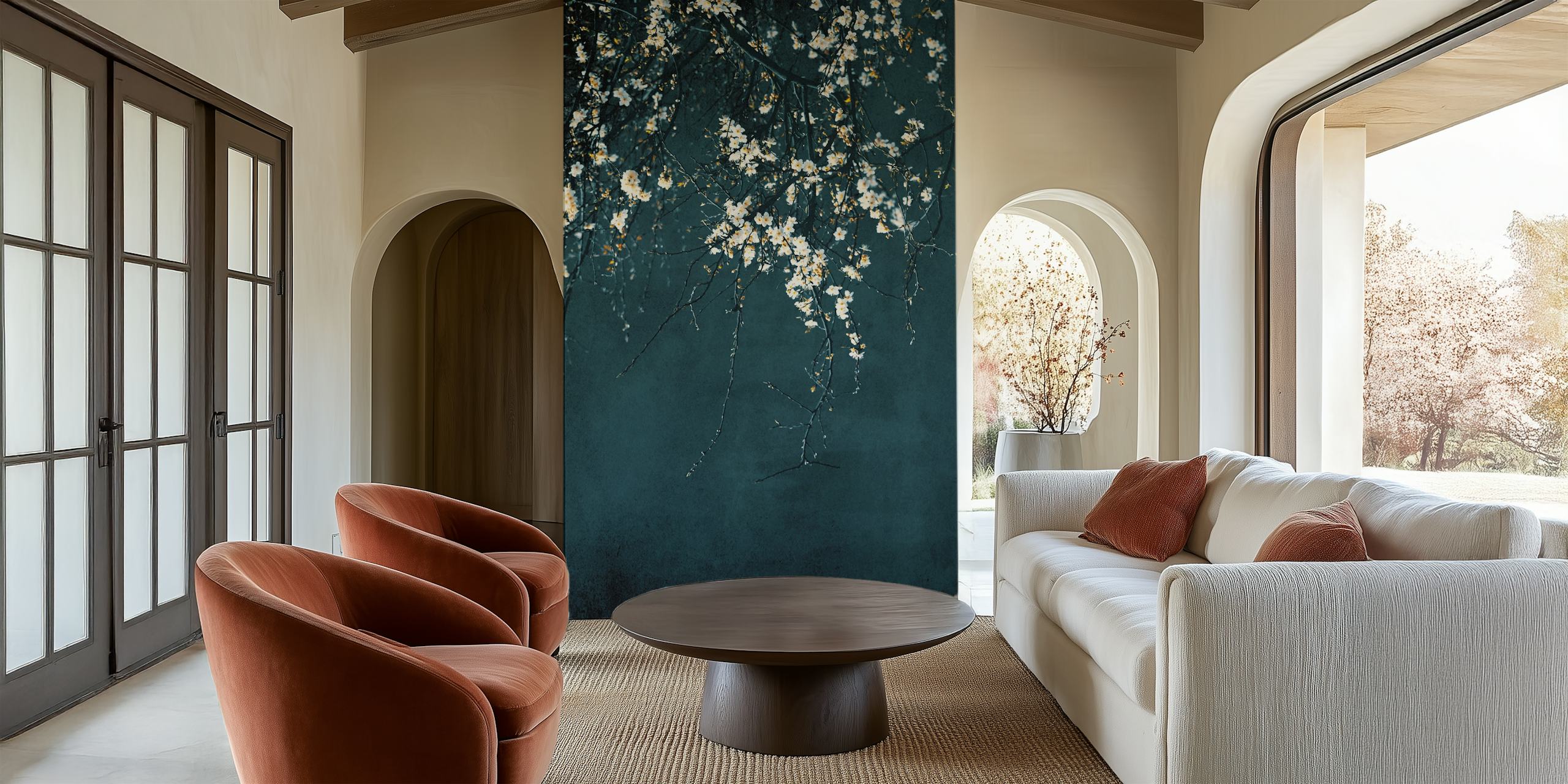 White blossom tree branches against a dark background wallpaper