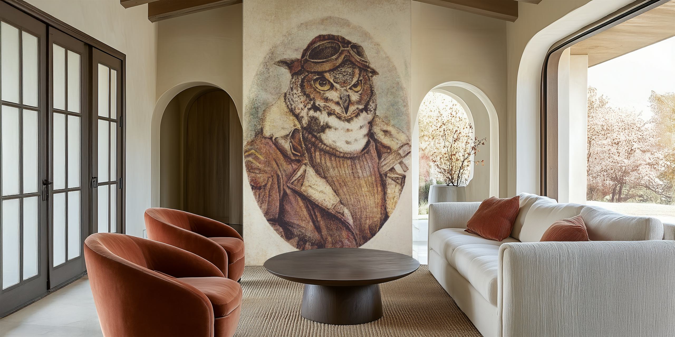 Owl in aviator gear wallpaper in a room