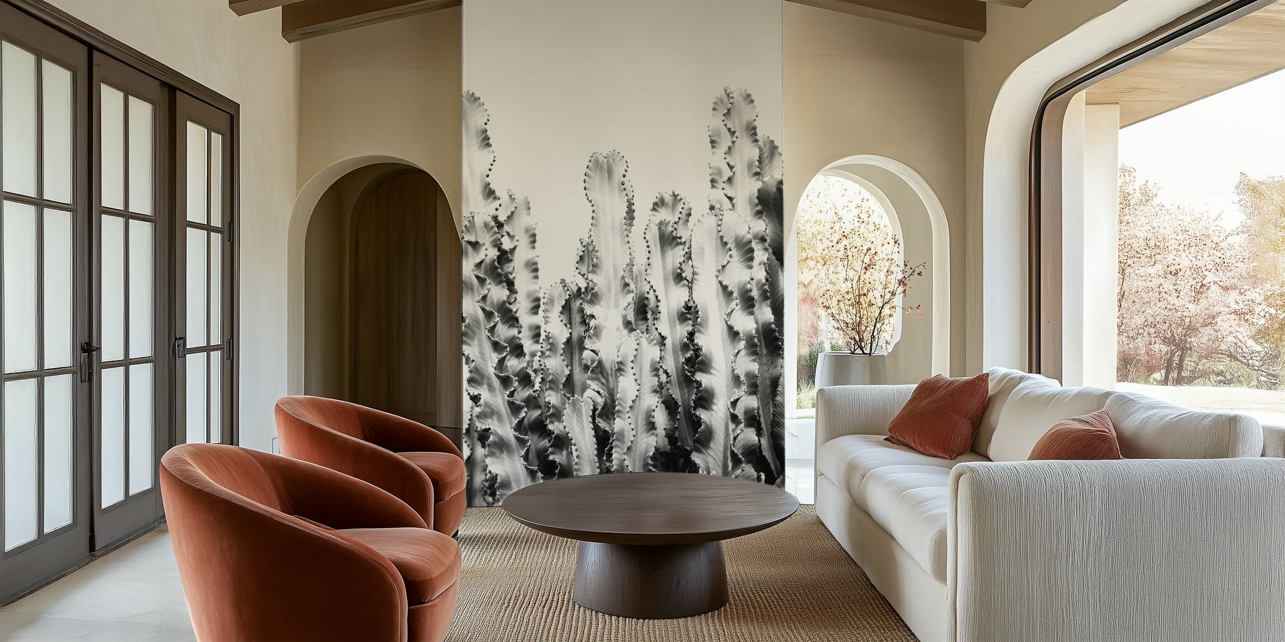 Black and white cactus wallpaper featuring tall, wavy patterns.