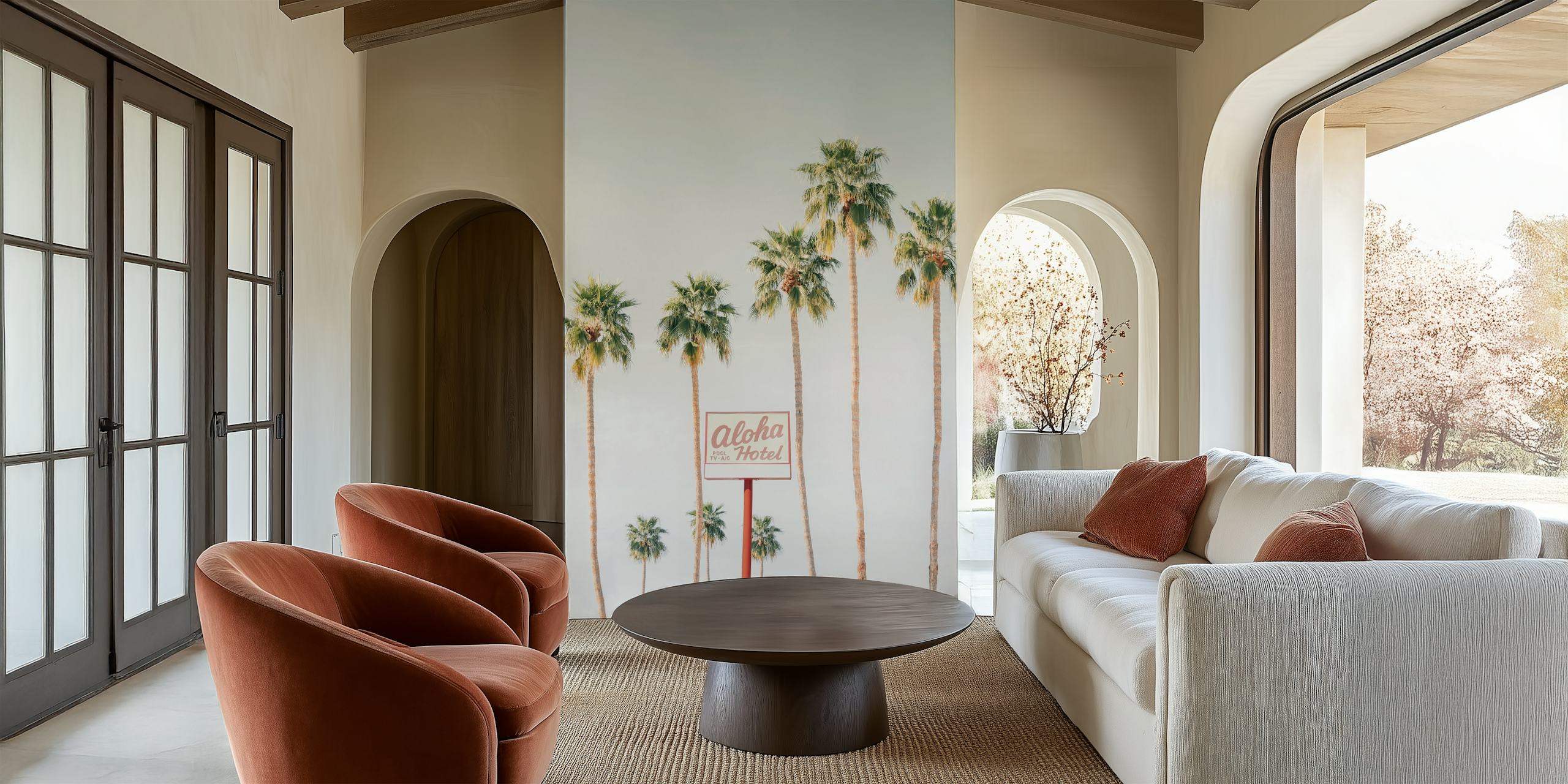 Tropické palmy s tapetou s cedulí Aloha Hotel