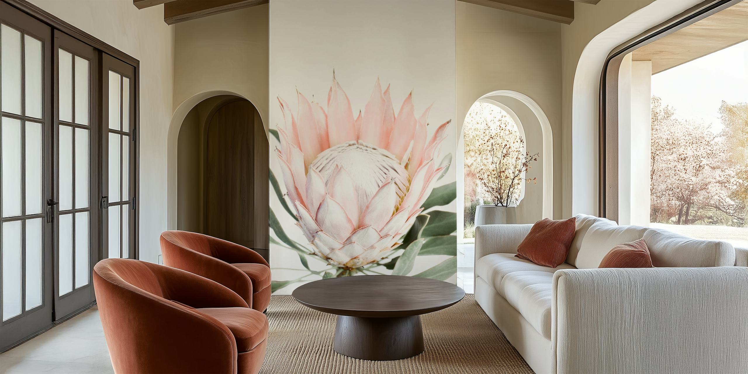 Fotomural vinílico de parede de flores Blush Pink Protea com fundo branco minimalista