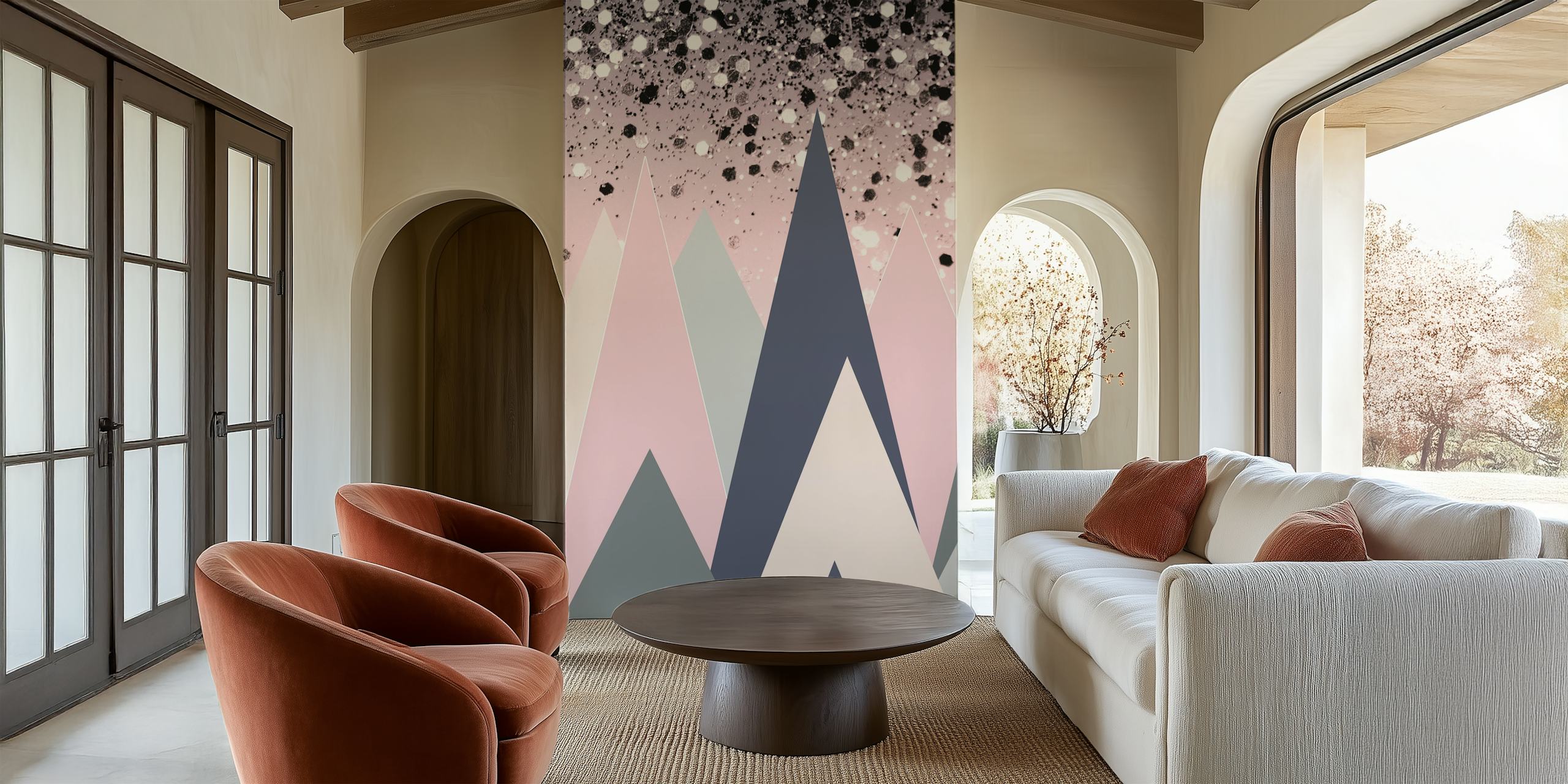 Pink and gray geometric mountain wallpaper with glitter effect