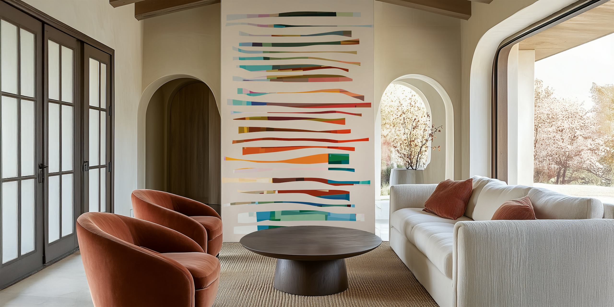 Colorful abstract striped wallpaper with wavy lines in various hues.