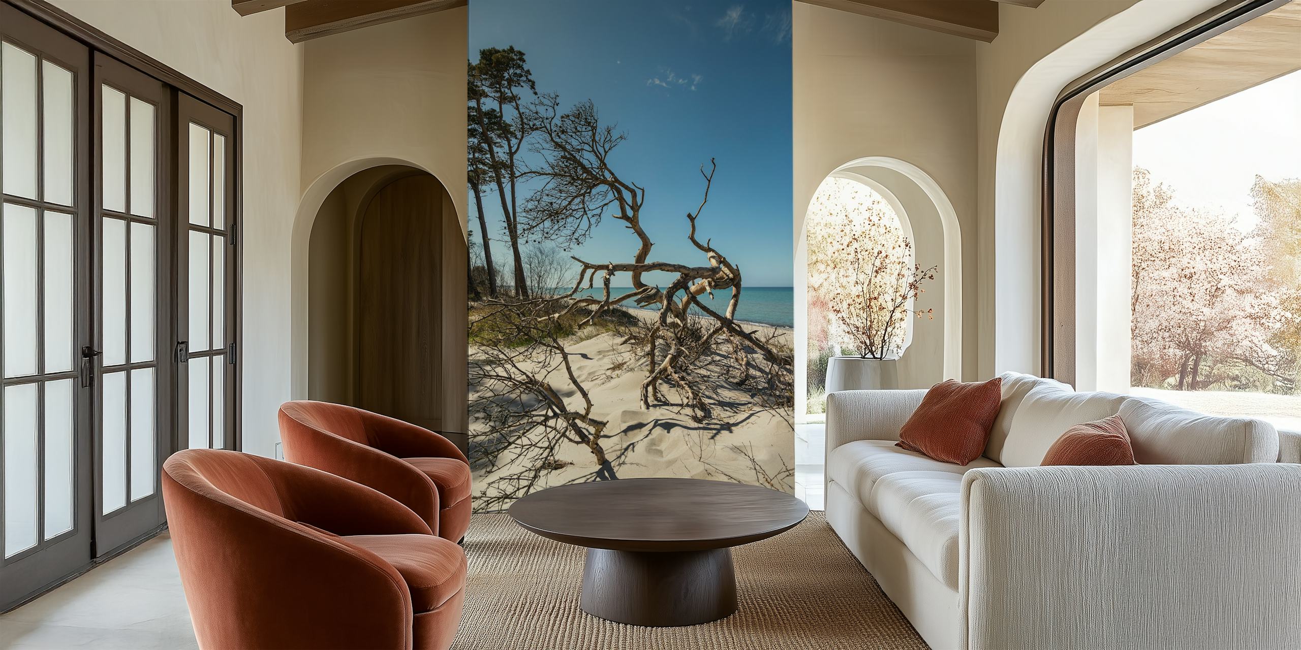 Baltic Sea Spring Day wall mural with sandy shore and weathered trees against a clear blue sky