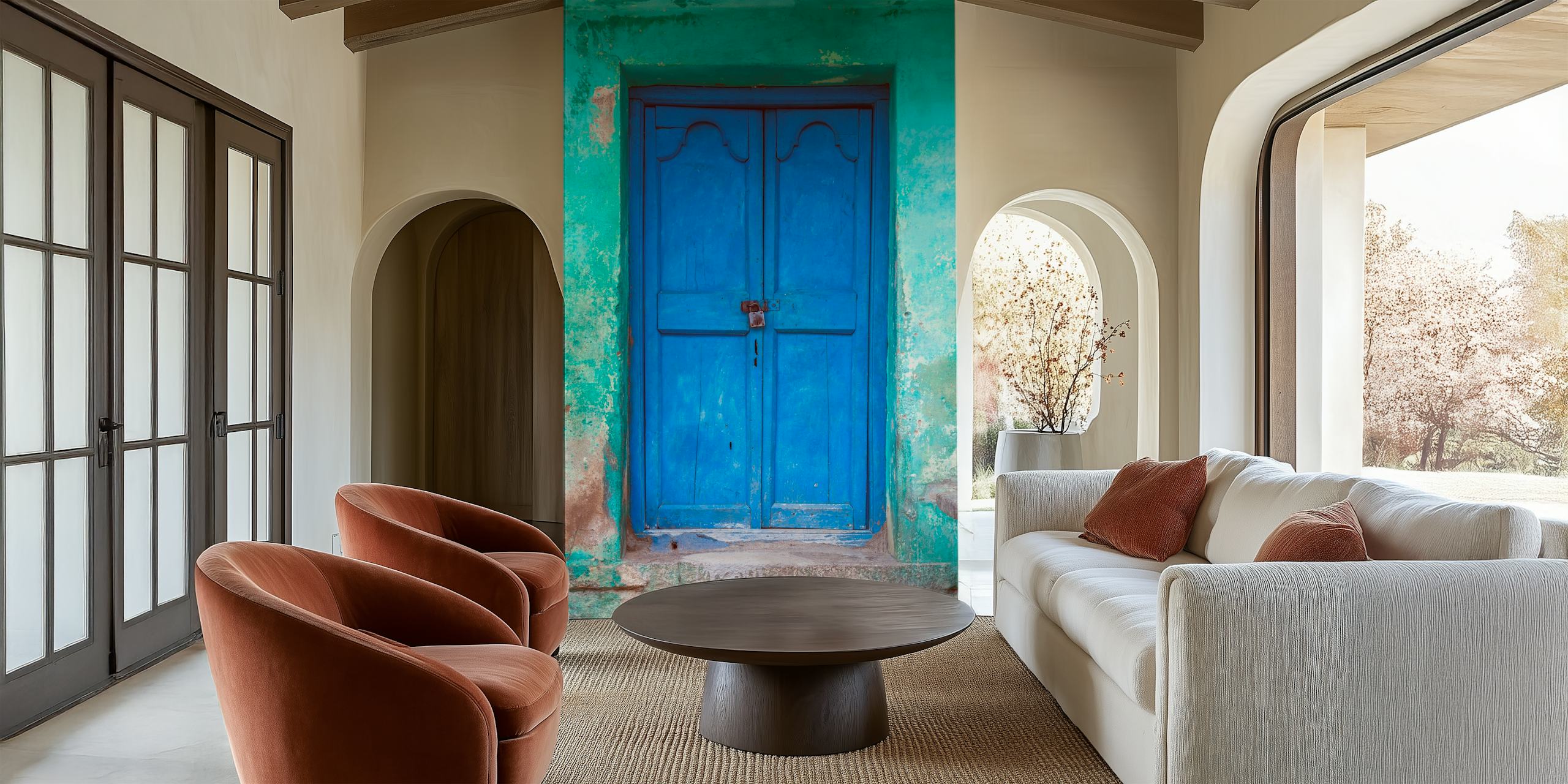 Blue rustic door with turquoise walls wallpaper