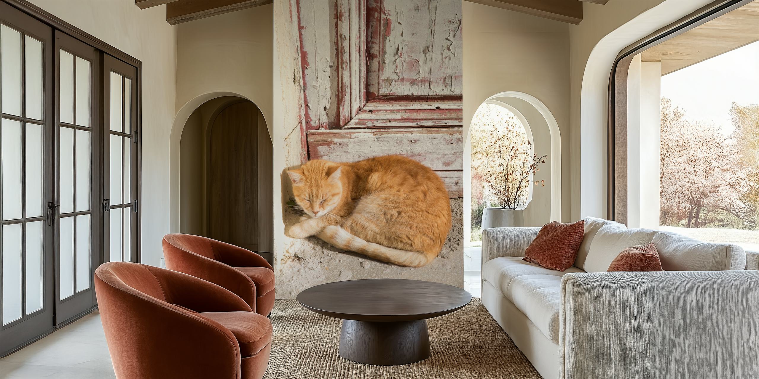 Chat mignon se repose contre une porte