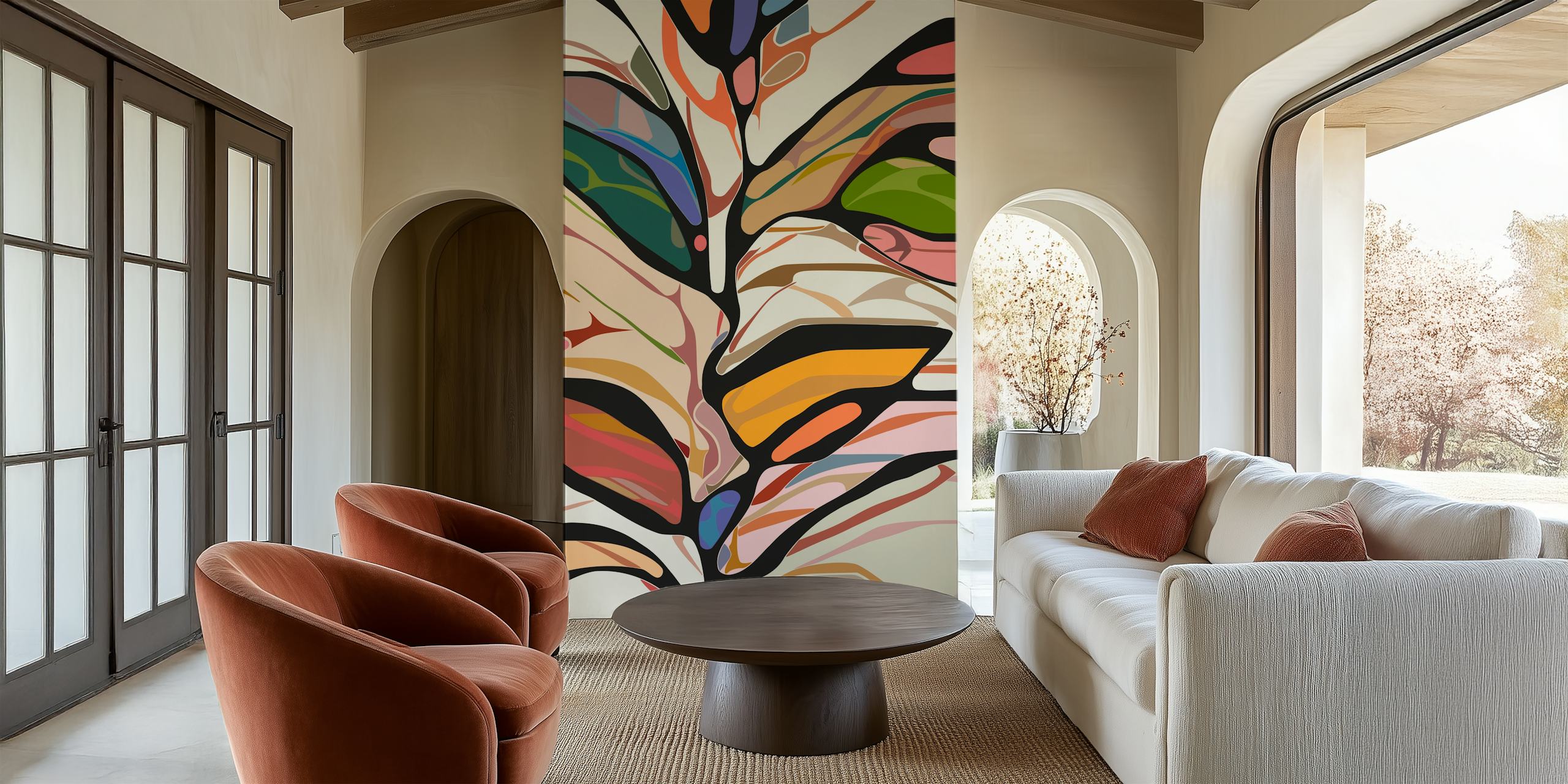 Colorful abstract leaf shapes in green, pink, and orange hues wallpaper