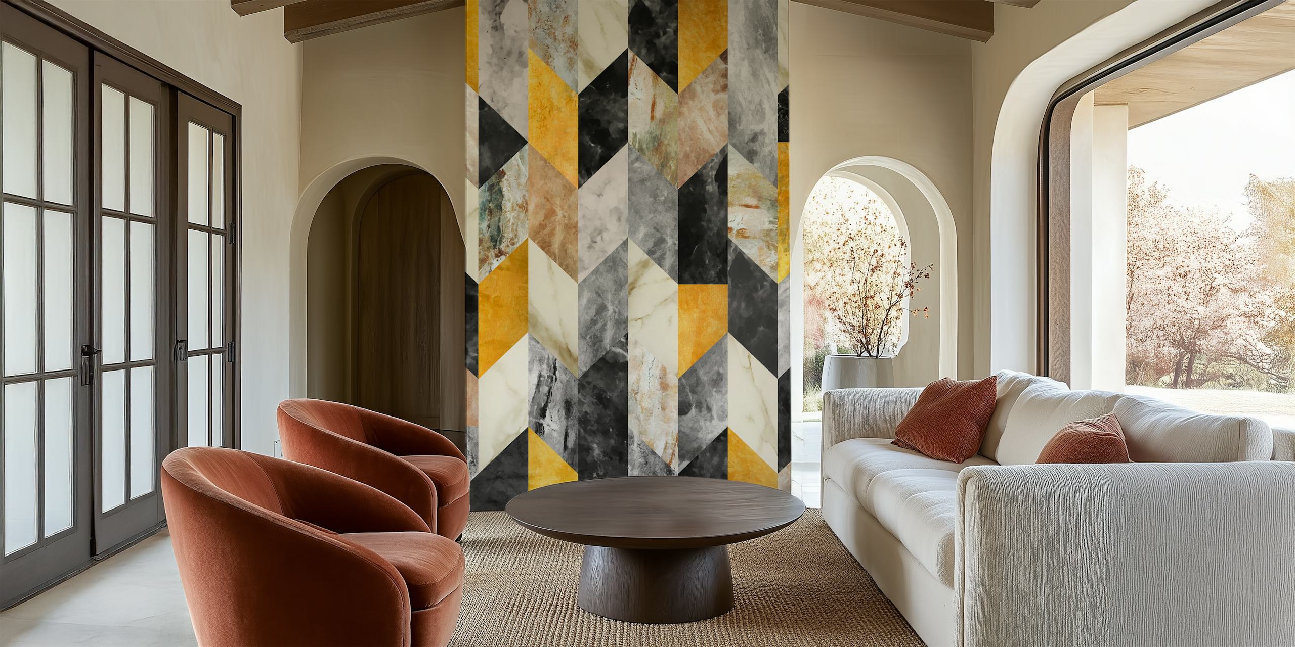 Geometric pattern in black, gold, and white colors wallpaper