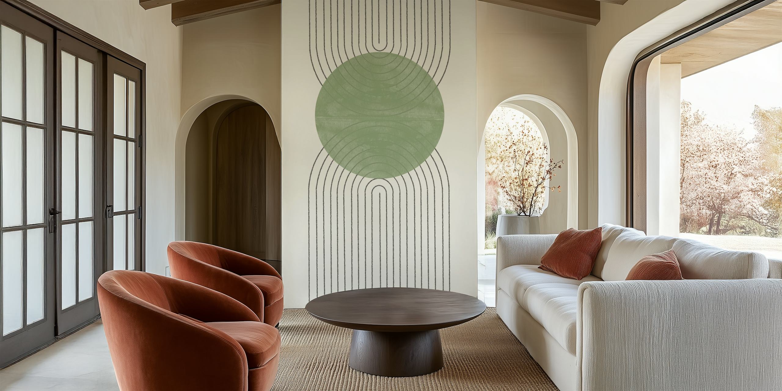 Mural de parede Green Moon II com um design circular verde com linhas brancas fluidas em um fundo neutro