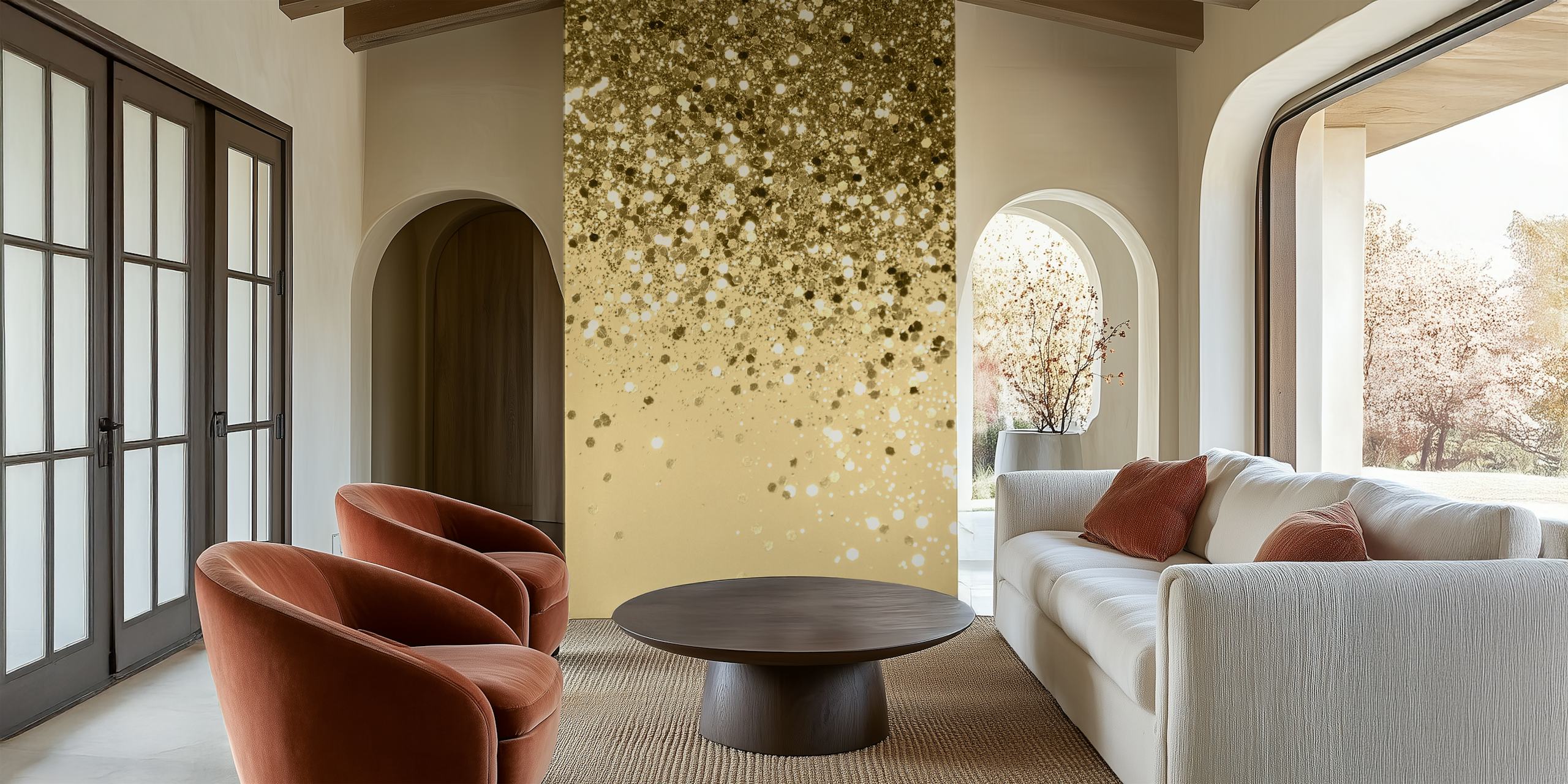 Mural de pared brillante Cali Summer Vibes que muestra motas doradas brillantes sobre un fondo neutro