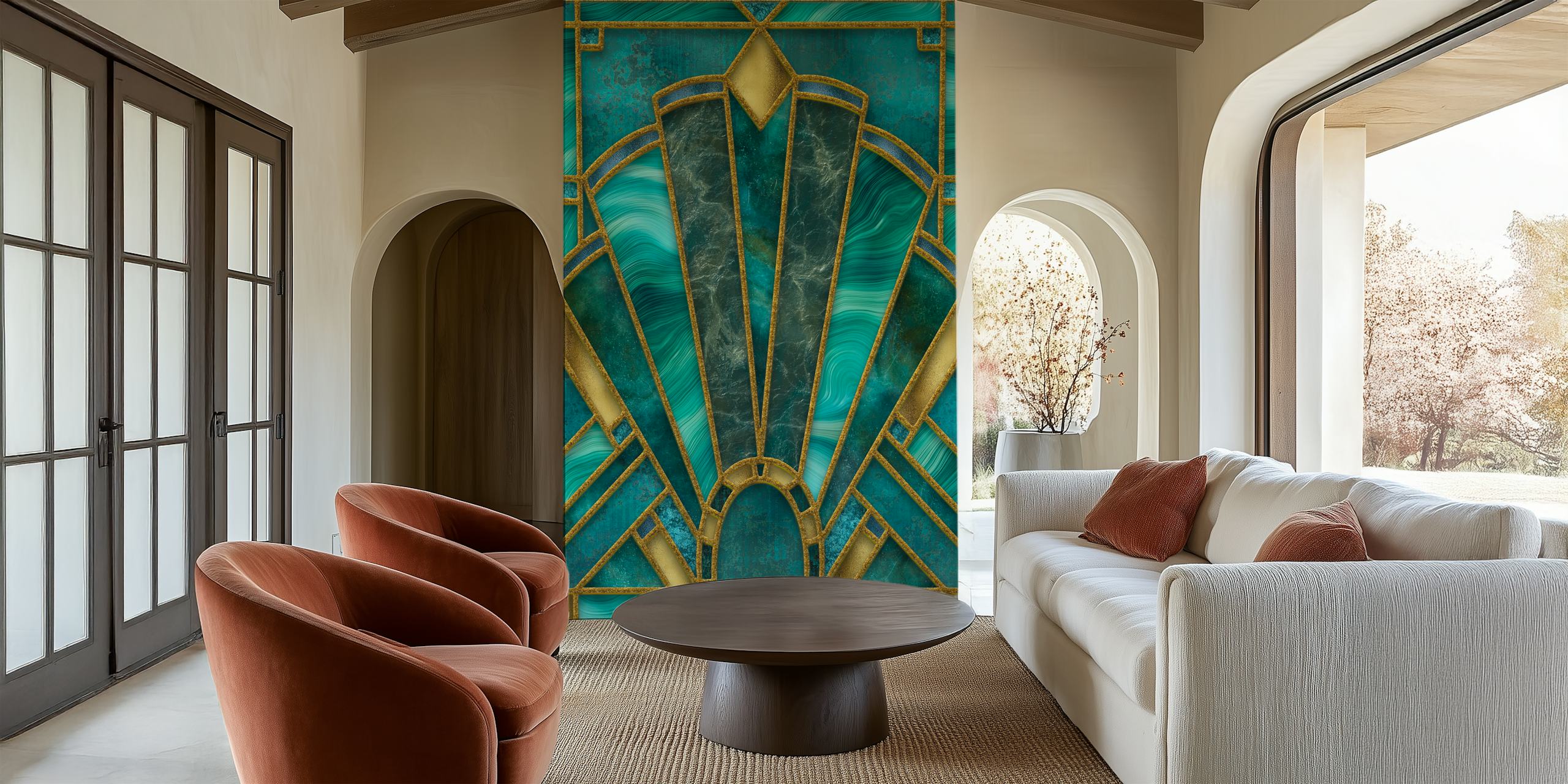 Art Deco style wallpaper featuring turquoise and gold geometric patterns