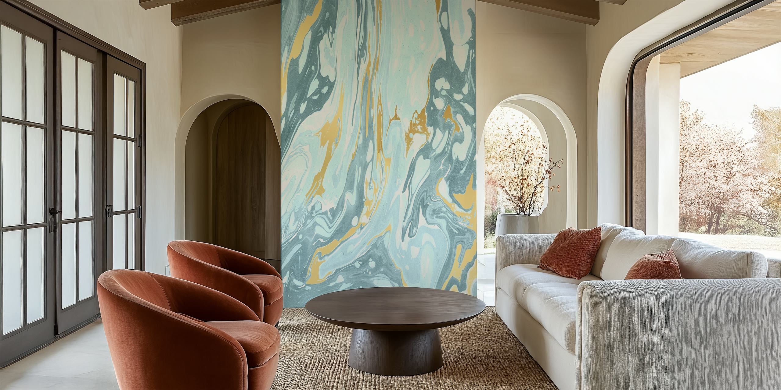 Blue and gold marble swirl pattern wallpaper