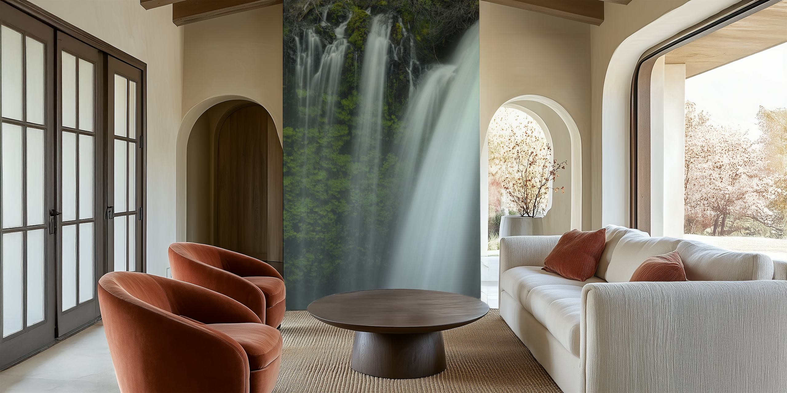 Wall mural of a tranquil waterfall with lush greenery titled Drapes of Grace.