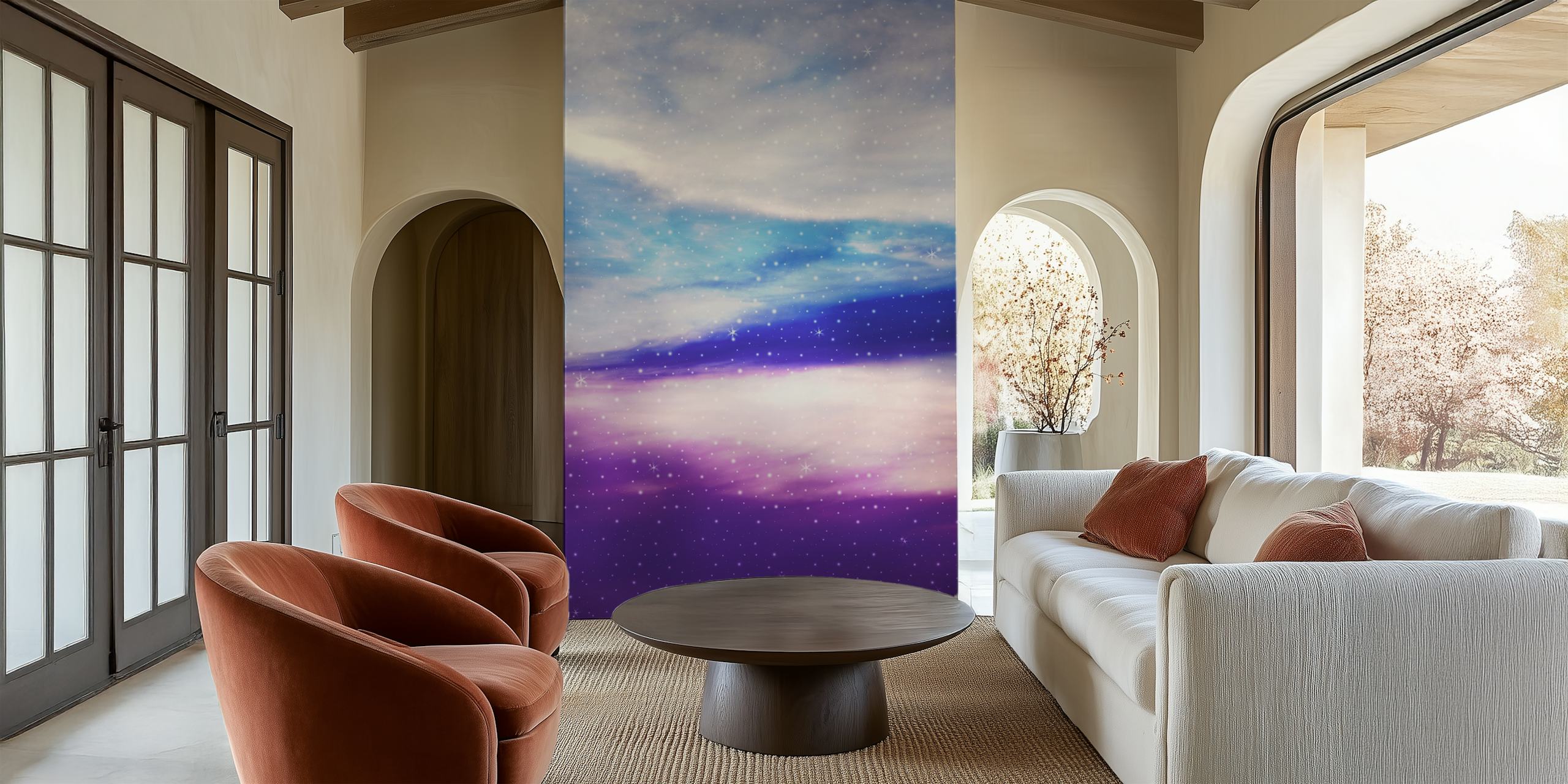 Purple and blue celestial design with stars wallpaper