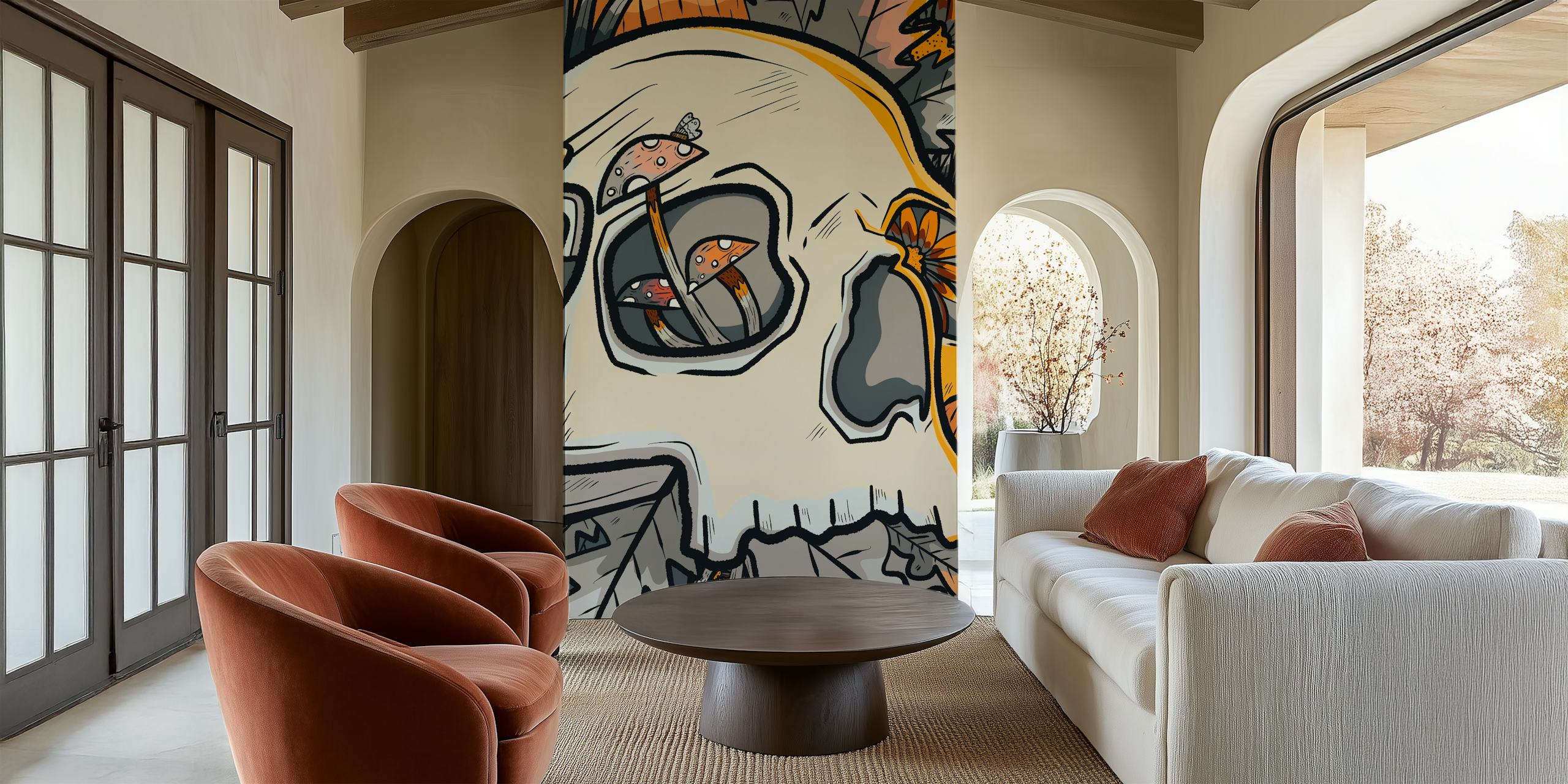 Mushroom and skull behang in een kamerdecor
