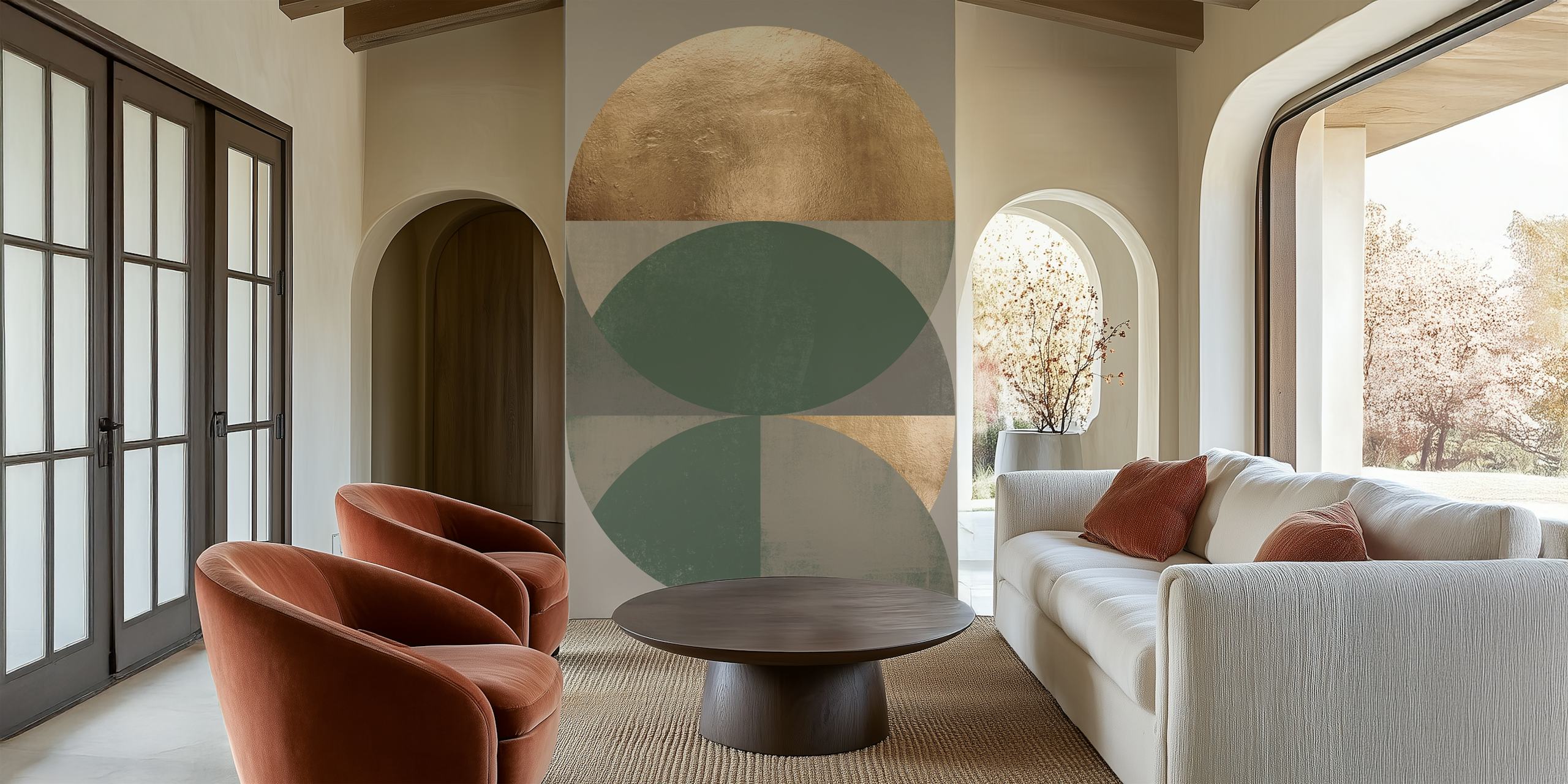 Geometric shapes in green, gray, and gold wallpaper