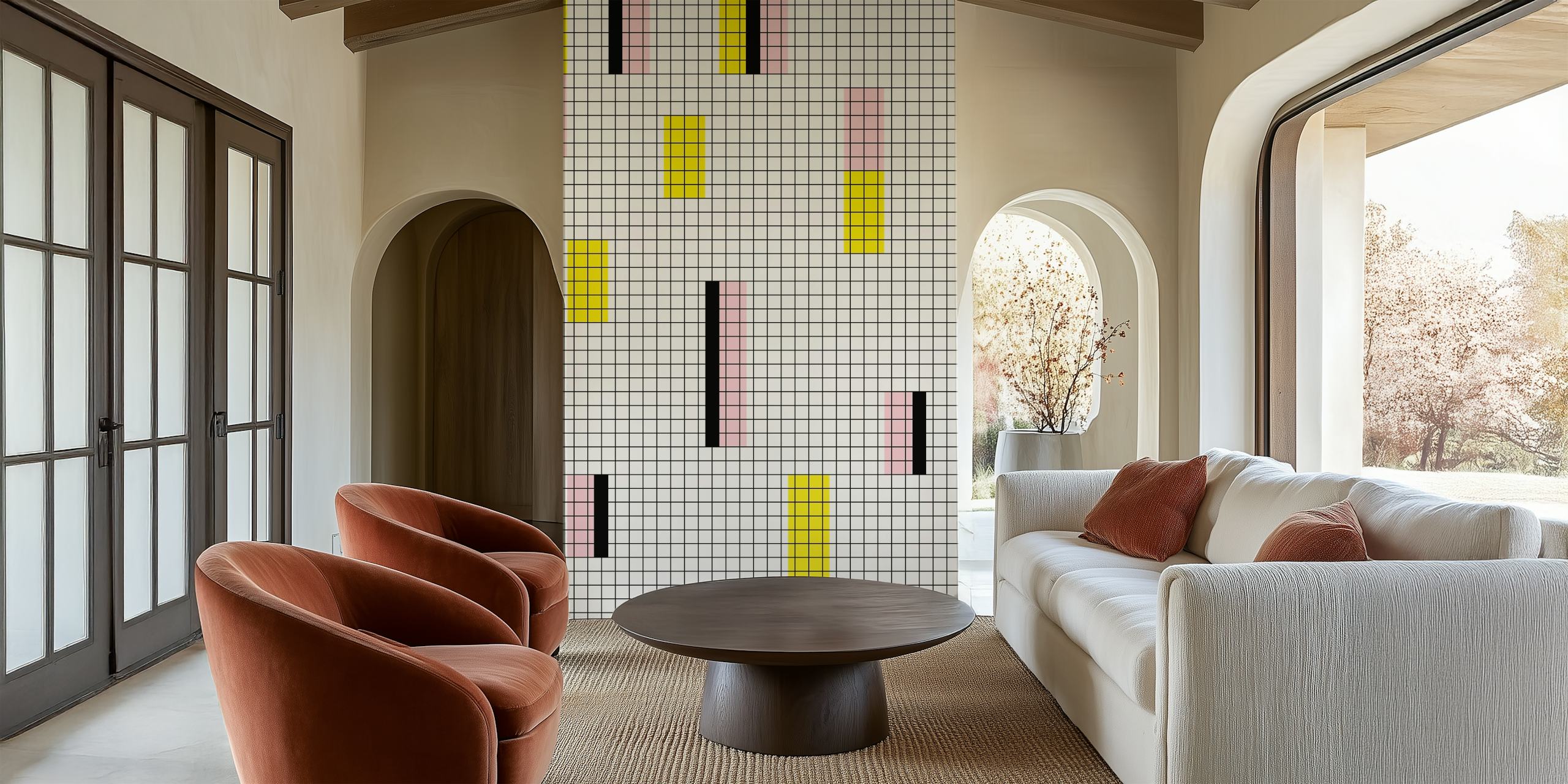 Colorful geometric shapes in pink, yellow, and black wallpaper