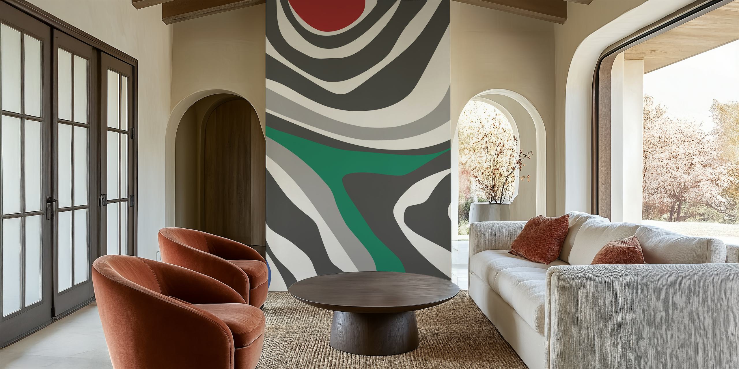 Wandbild mit abstrakten geometrischen Formen in einem modernen Farbschema mit Linien und Kurven