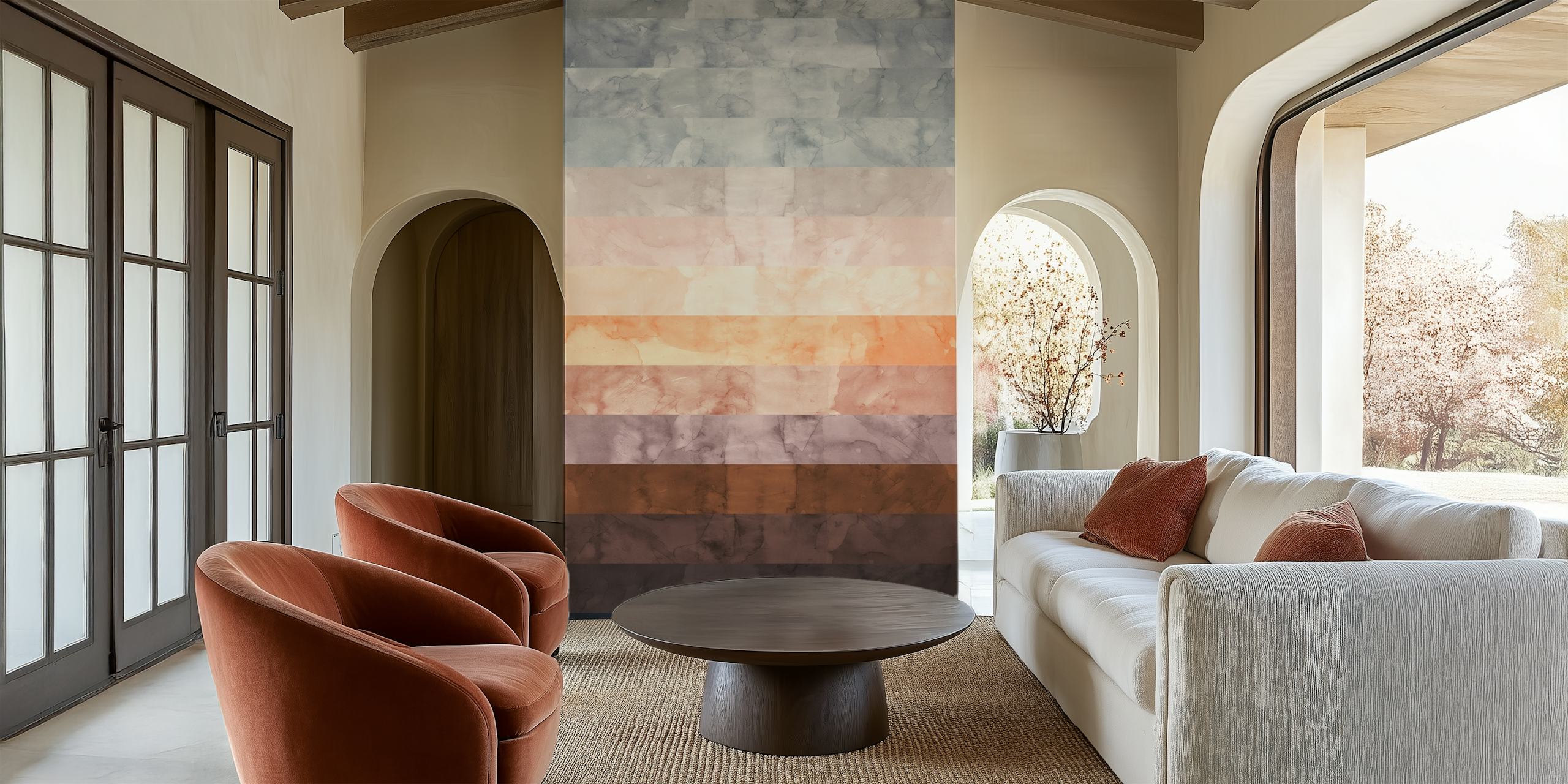 Watercolor bands in blue, gray, and warm tones wallpaper