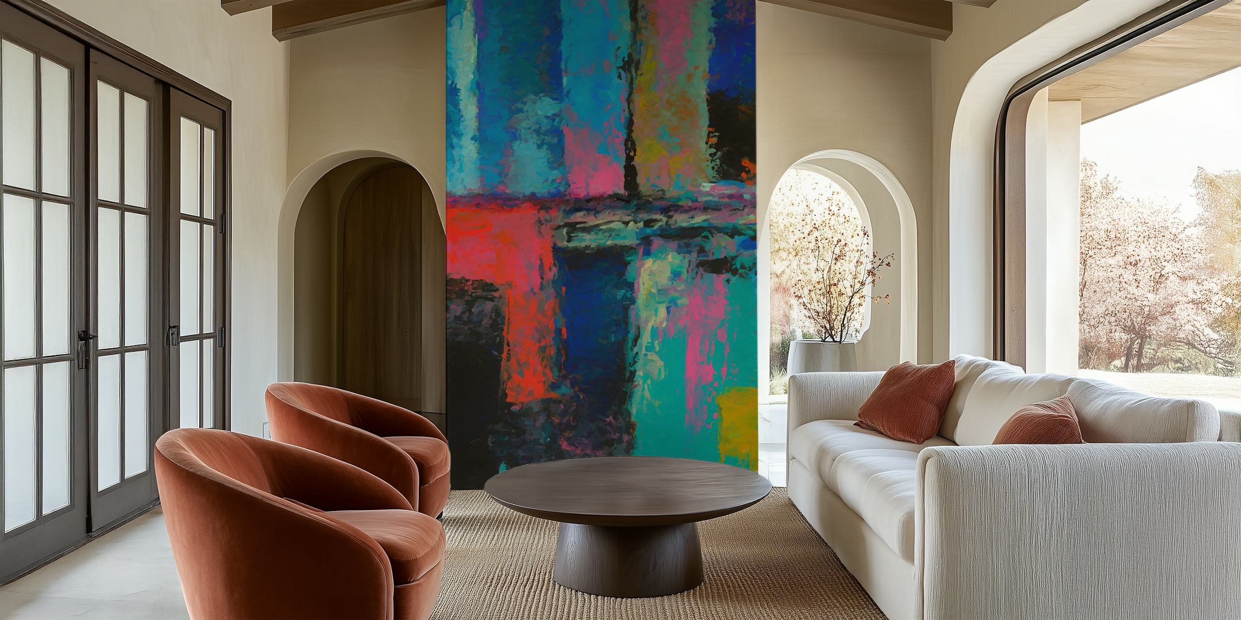 Colorful abstract brush strokes in blue, pink, and yellow wallpaper