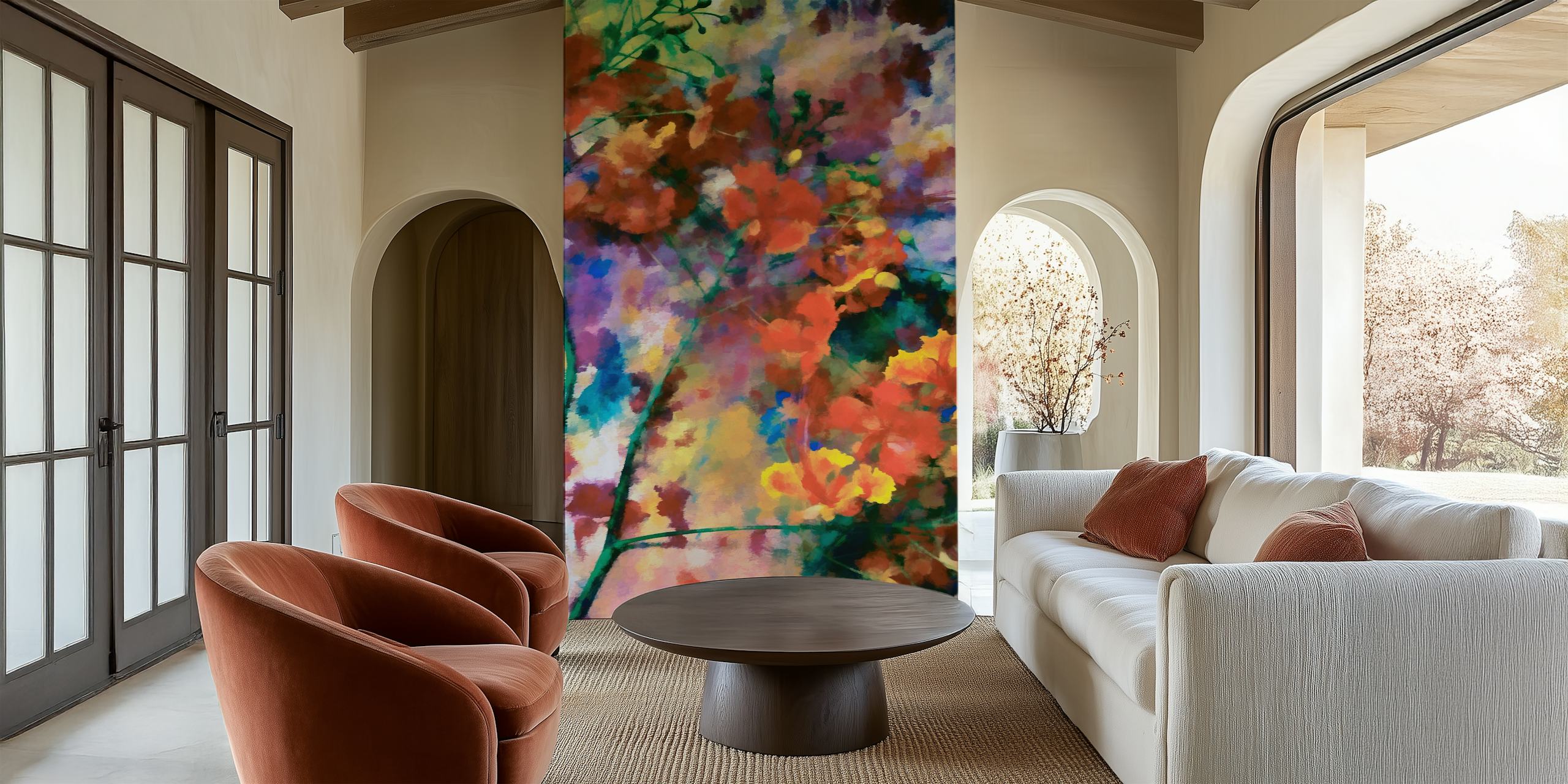 Colorful abstract floral design with greens, yellows, and reds wallpaper