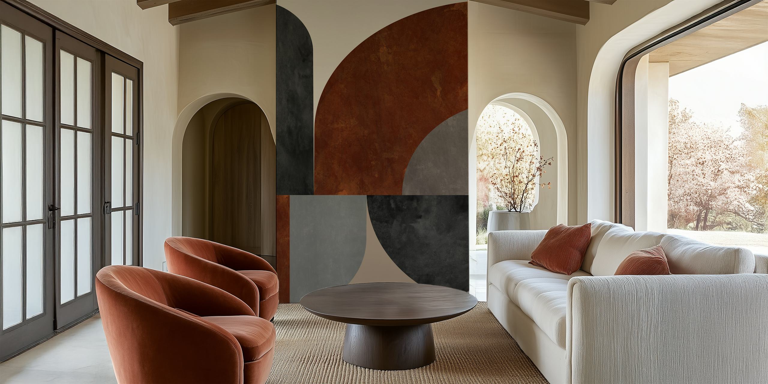 Abstract Composition 1150 wall mural with geometric shapes in earth tones
