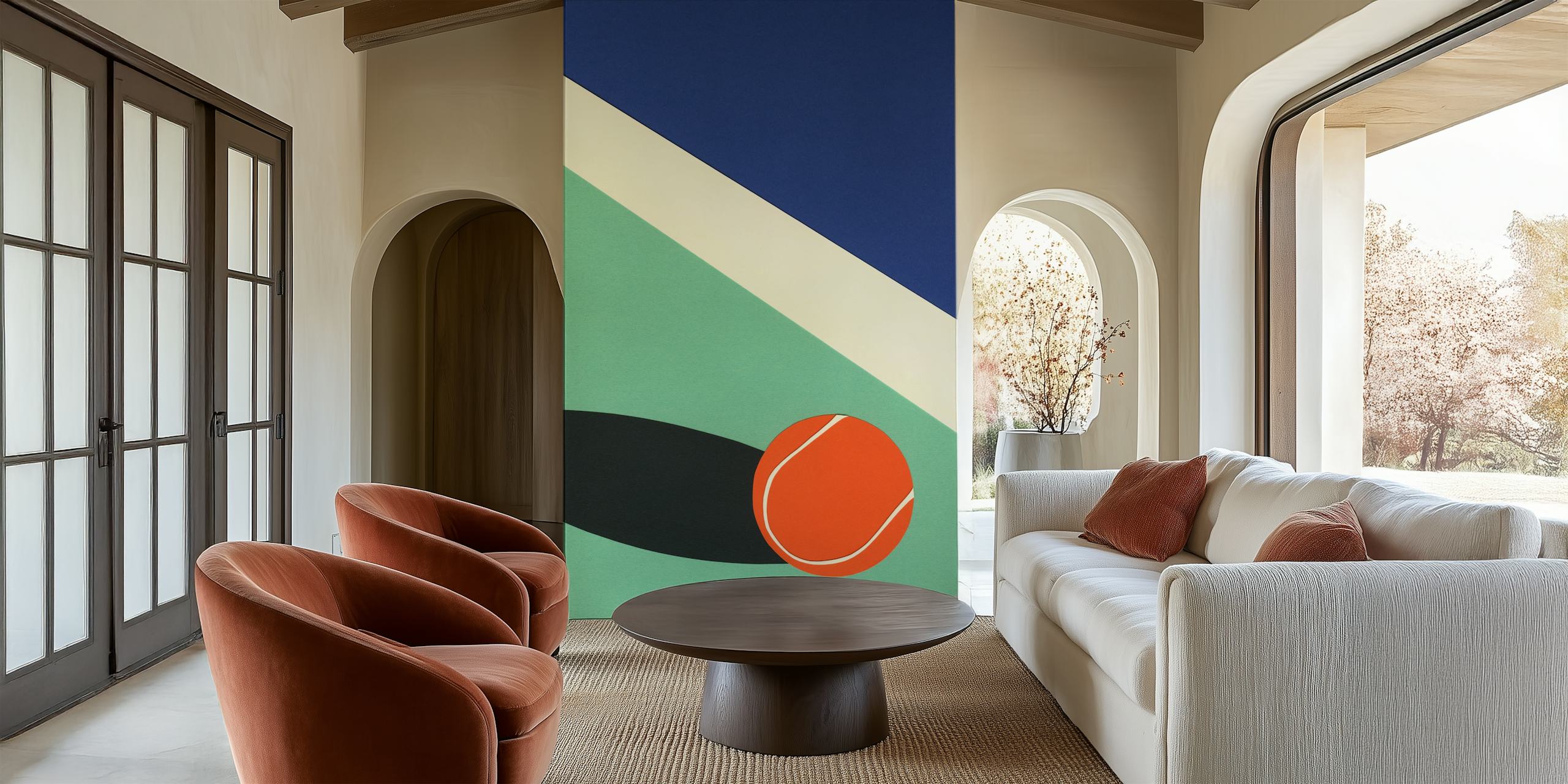 Mural de cancha de tenis geométrico abstracto con colores verde, azul y naranja brillantes