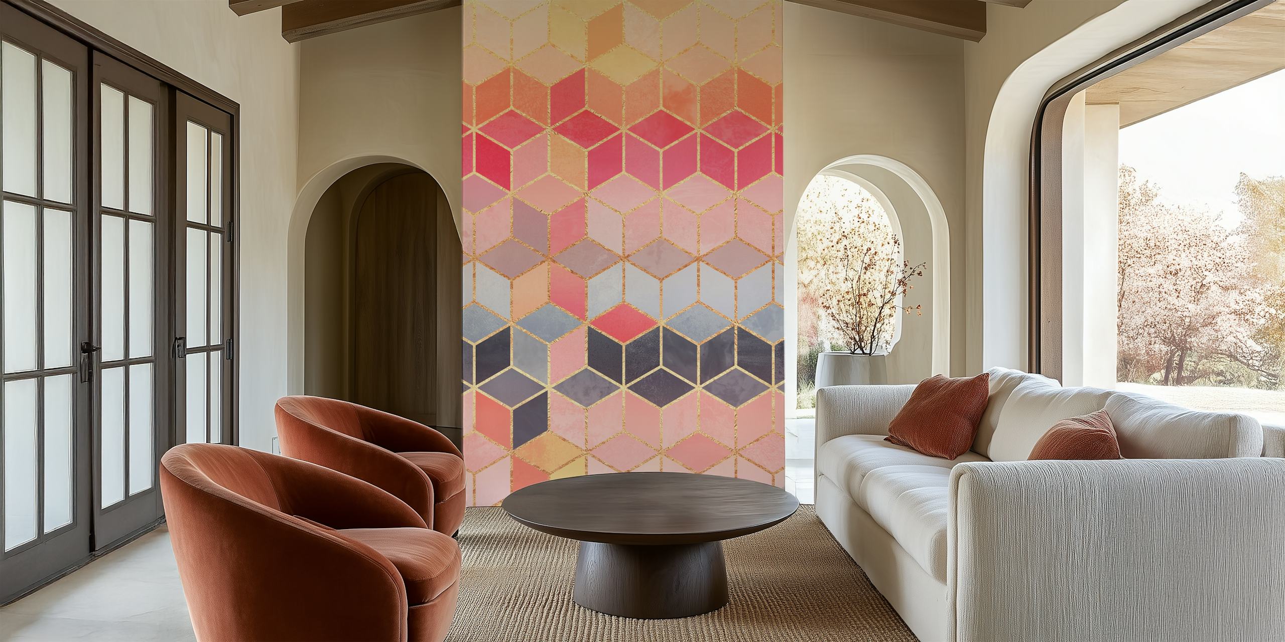 Happy Cubes veggmaleri med geometrisk kubemønster i rosa, blå og gule nyanser