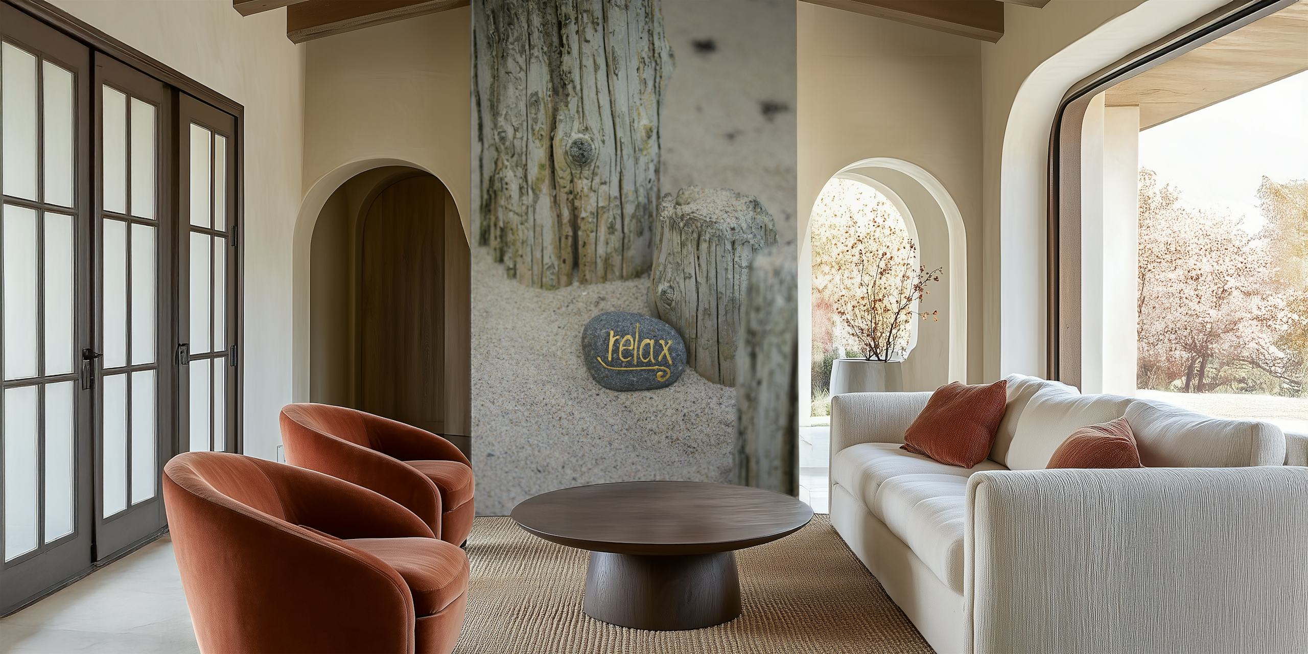 Relax lettering on grey pebble surrounded by wooden posts wallpaper