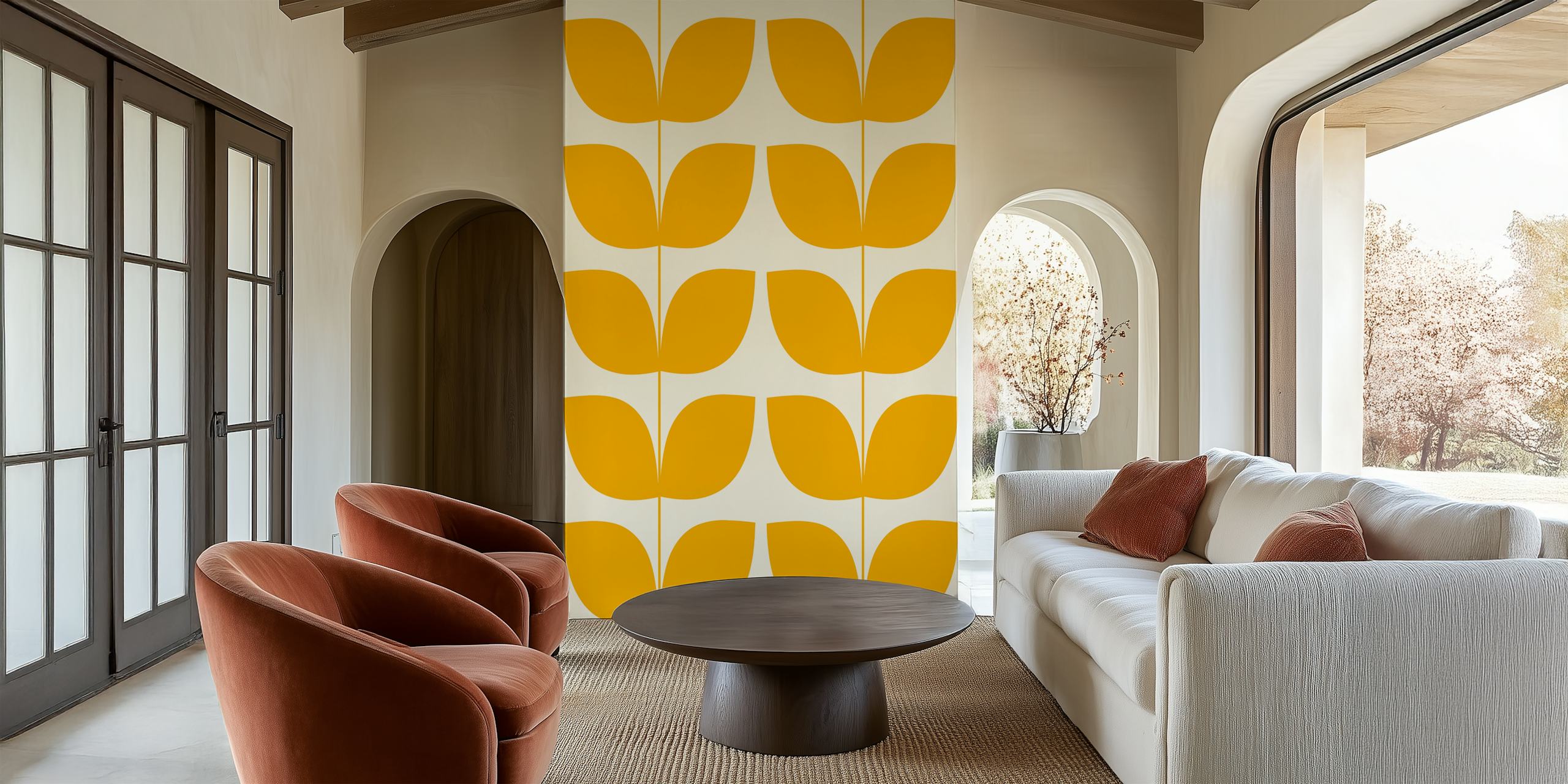 Mid Century Leaves Yellow behang in een kamer