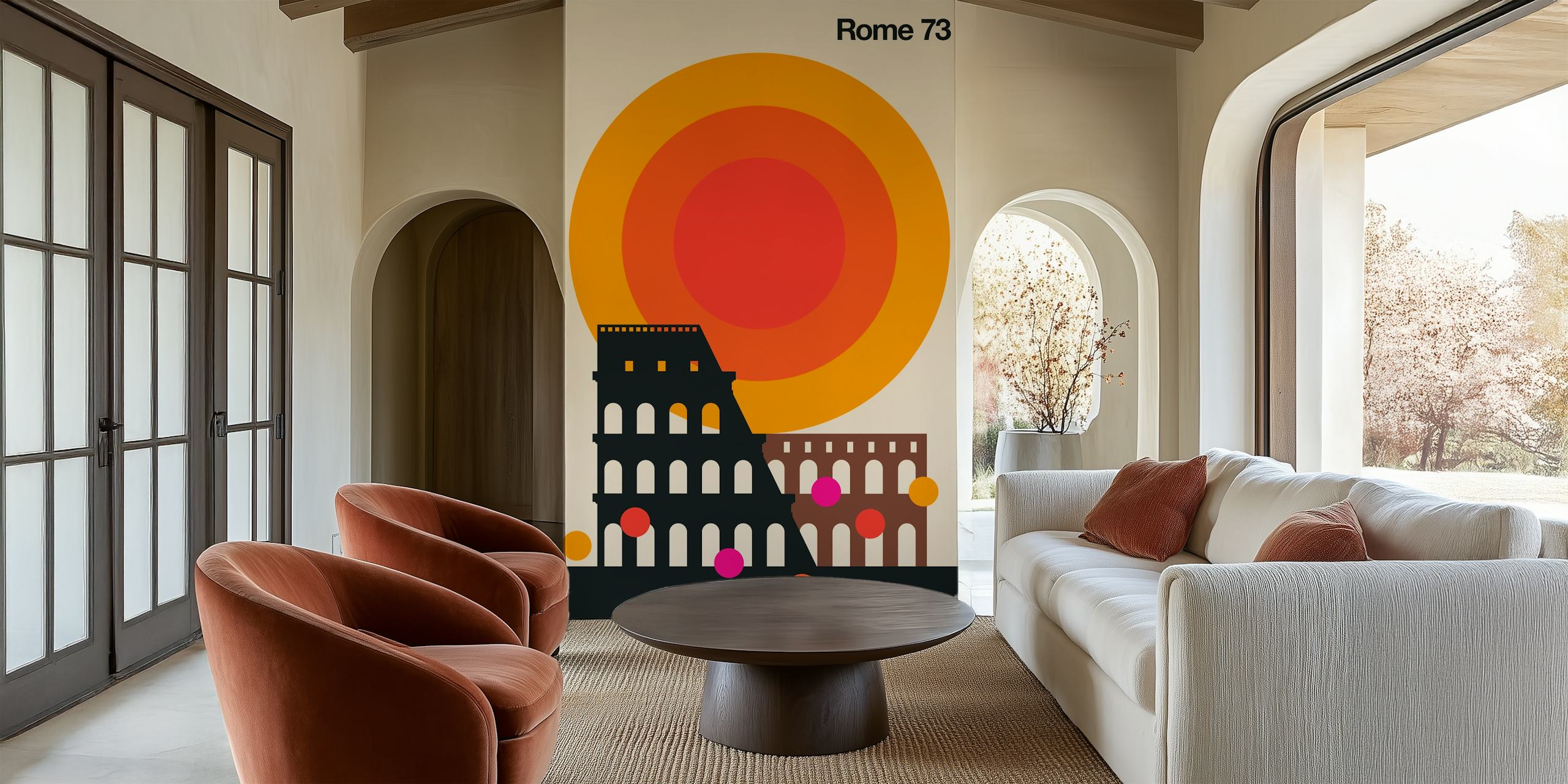 Artistieke illustratie van het Colosseum in Rome met een geometrische zonsondergang