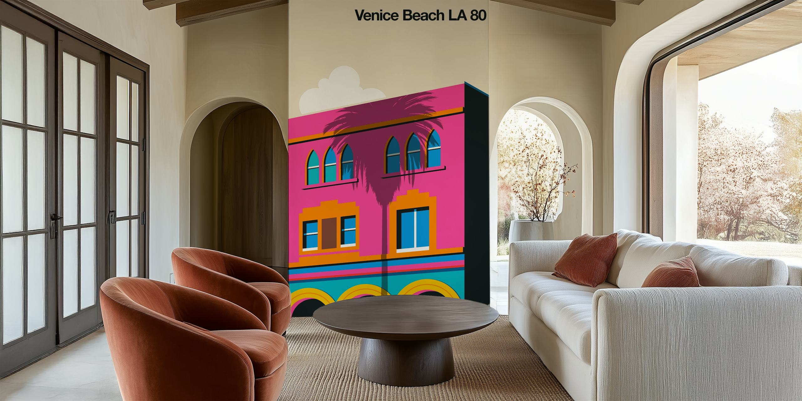 Stiliserad tapet av en färgstark Venice Beach-byggnad med popkonstinfluenser i livfulla rosa och blå toner.