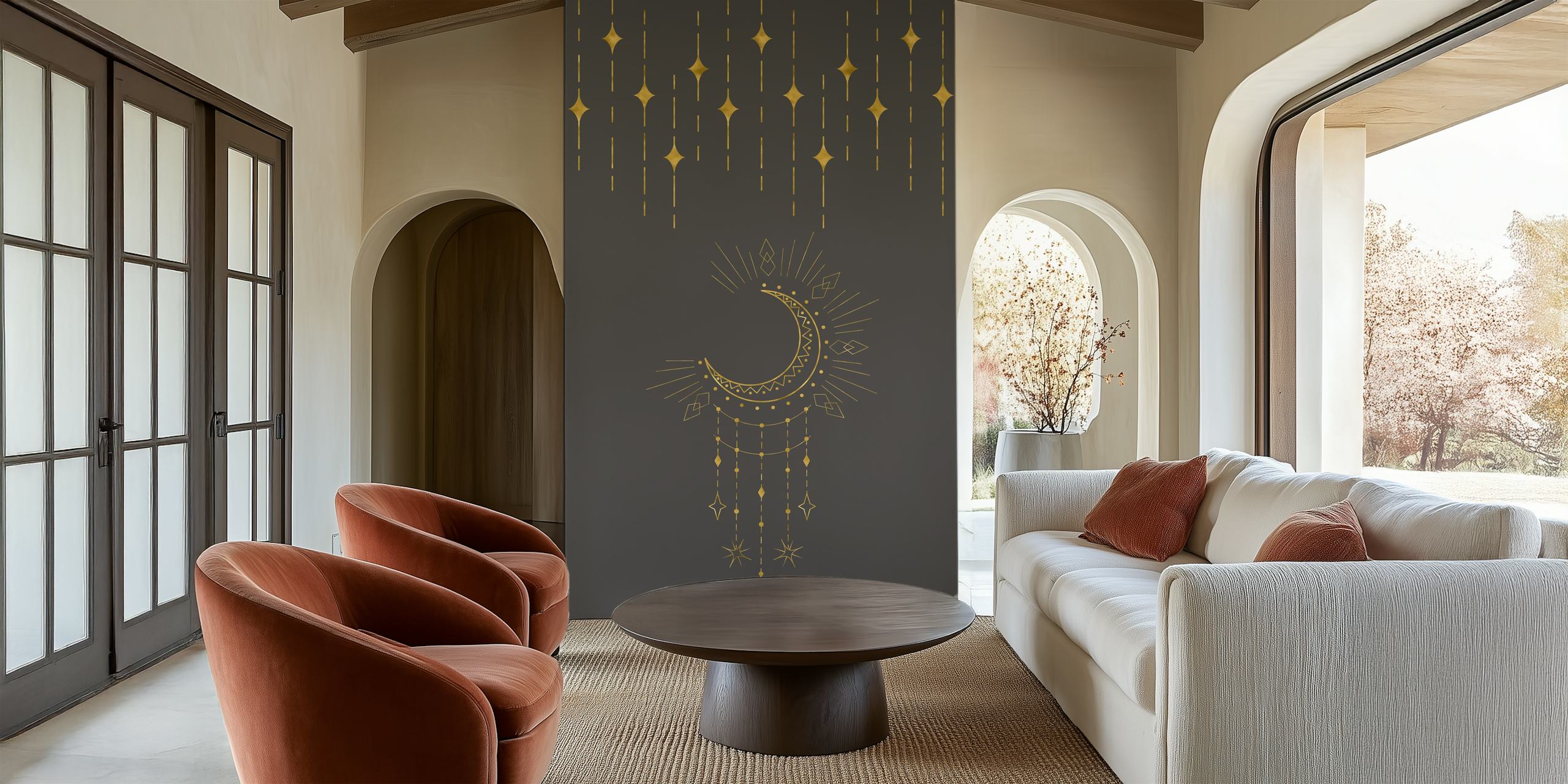 Bohemian Golden Moon wallpaper displayed in a room