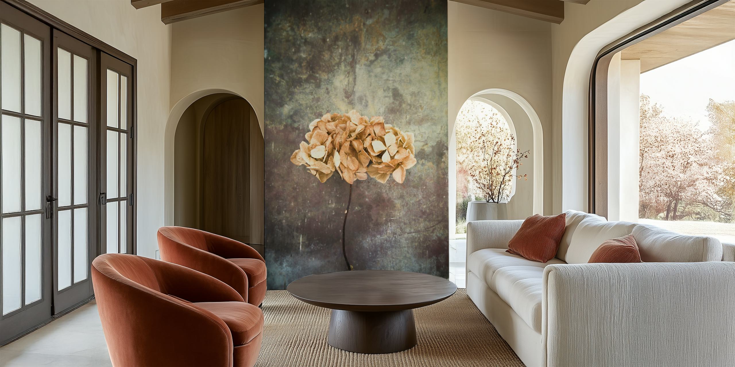 Wandbild mit getrockneten Hortensien und rustikalem Hintergrund