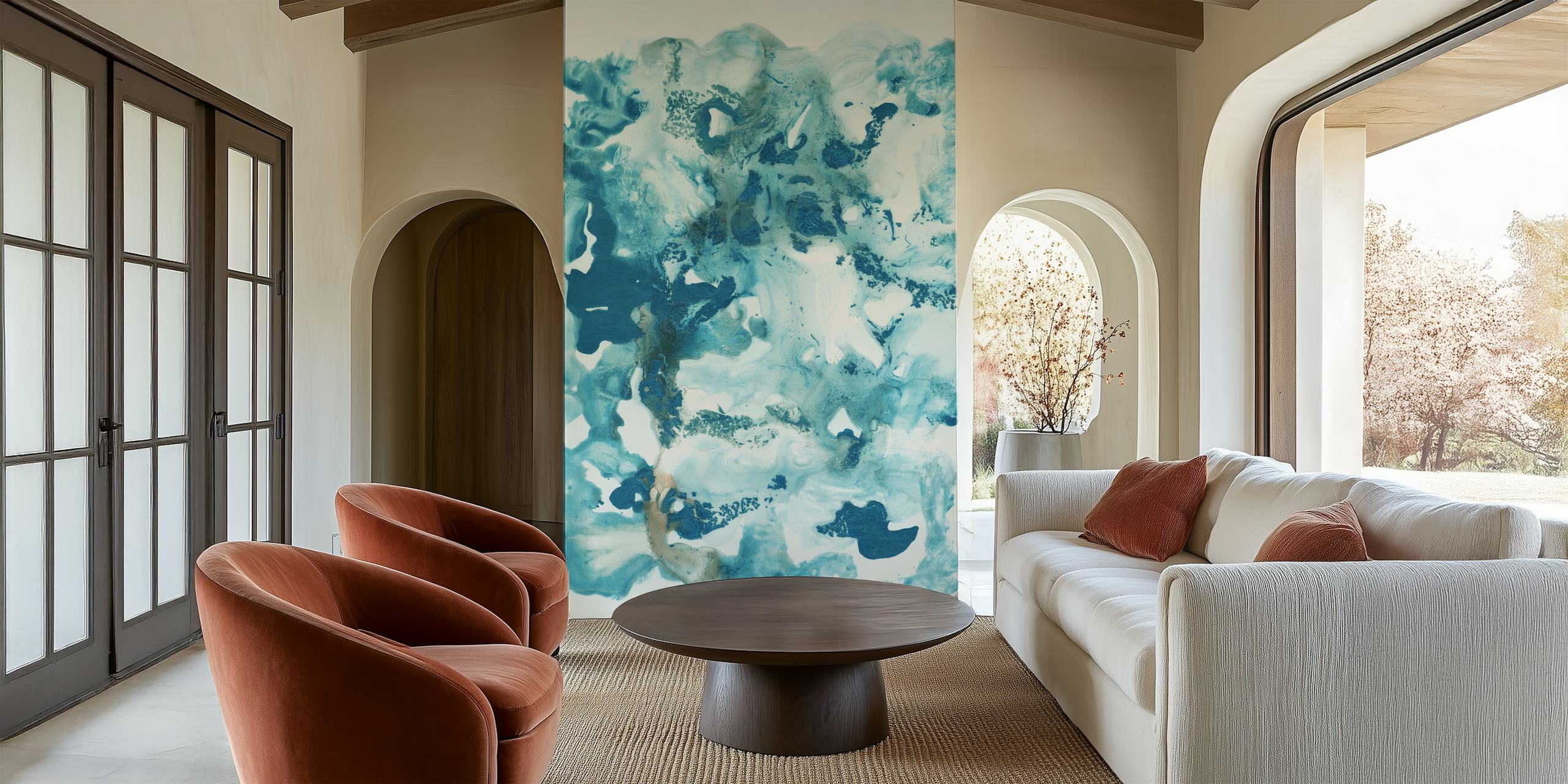 Blue Ocean Ink Abstract behang in een kamer