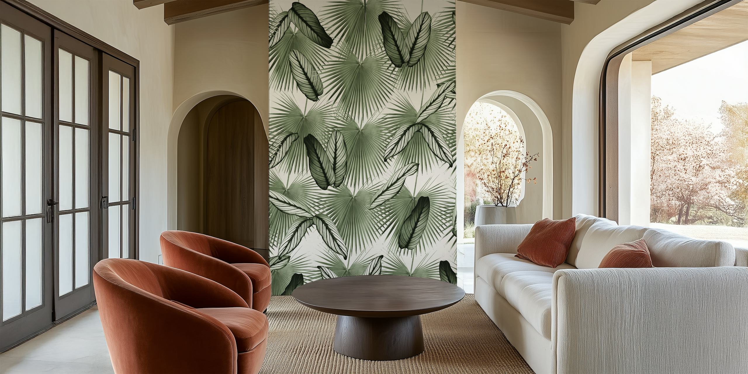 Fototapeta z liśćmi palmowymi Calathea Fan przedstawiająca szczegółowe tropikalne liście w monochromatycznej zieleni.