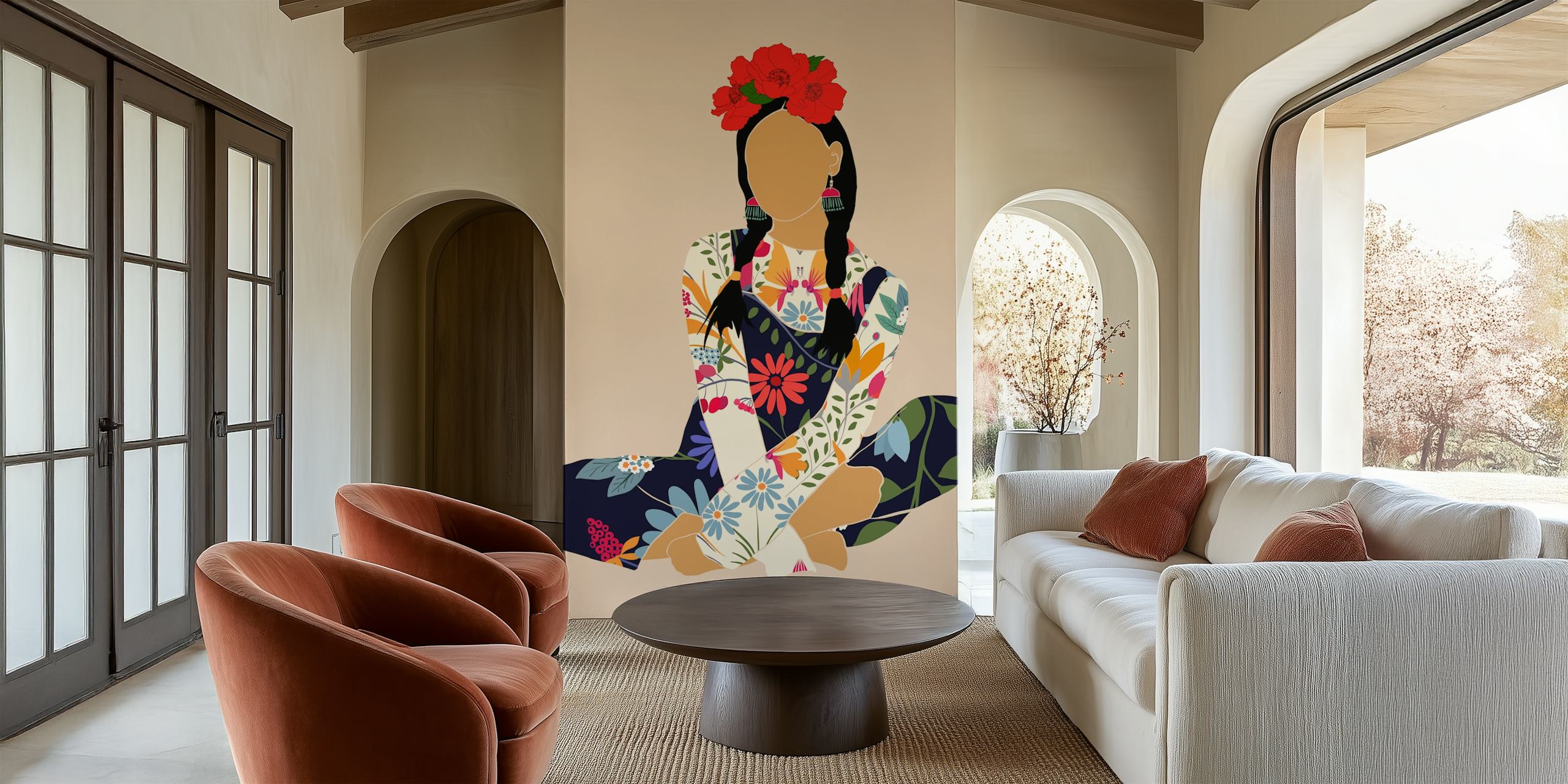 Colorful floral design featuring a woman with flowers and bright patterns wallpaper