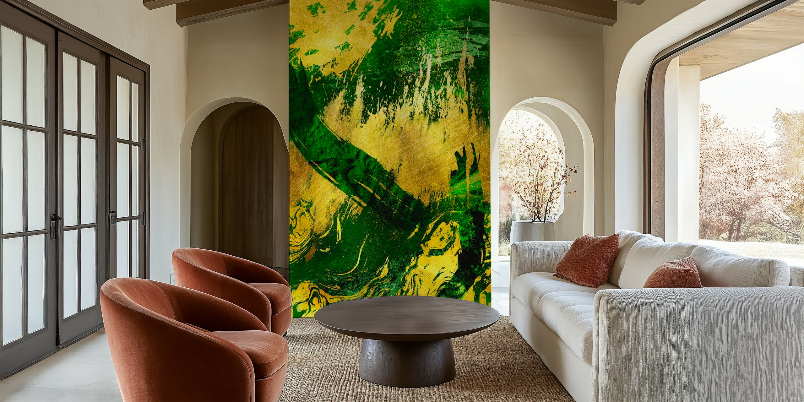 Golden splashes on green metal wallpaper