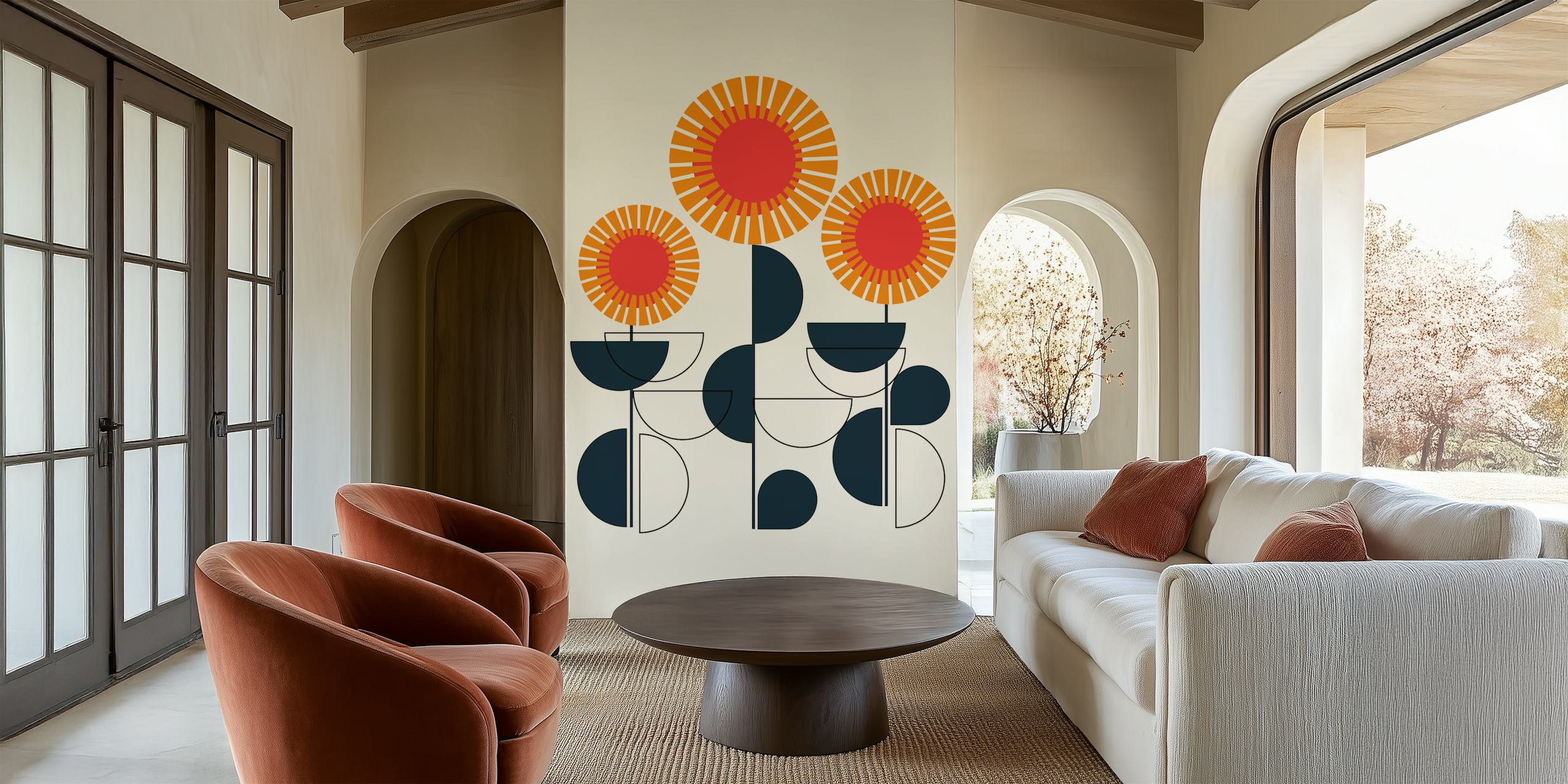Bauhaus style wallpaper with three sunflowers in orange and black geometric shapes on a light background