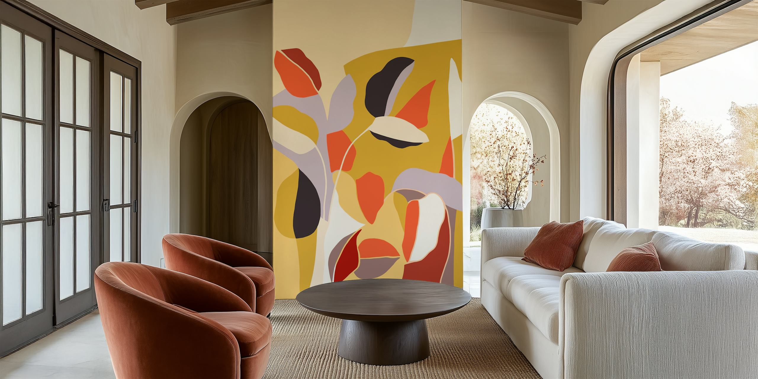 Warm tones foliage wallpaper in a room