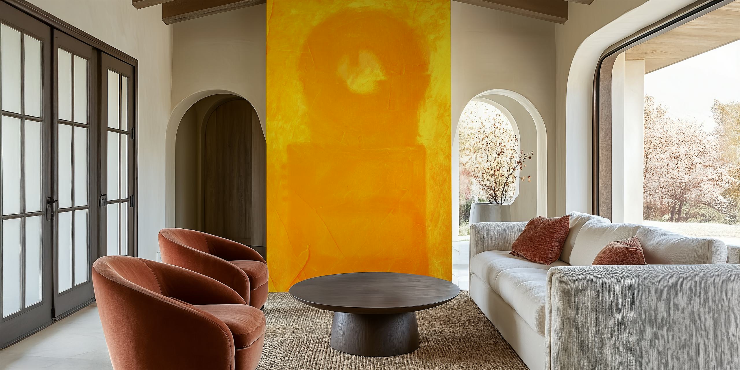 Vibrant yellow cyclic wallpaper in a room